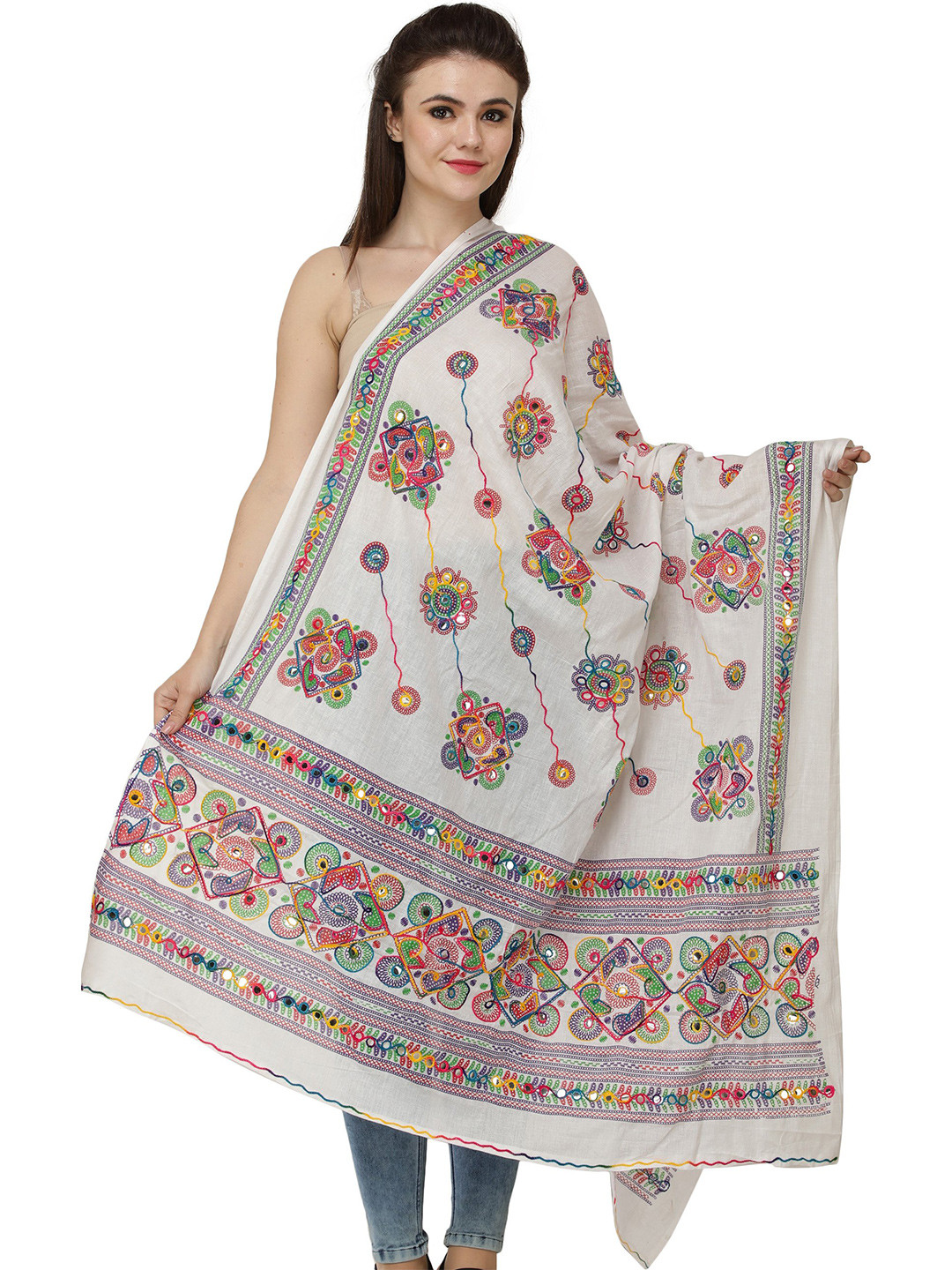Exotic India Floral White Hand-Embroidered Florals and Mirrors Pure Cotton Dupatta