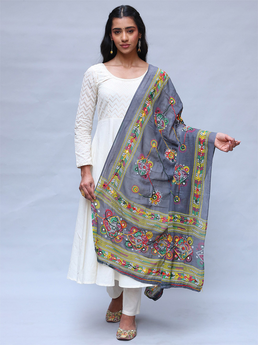 Exotic India Charcoal Gray Hand-Embroidered Florals and Mirrors Pure Cotton Dupatta