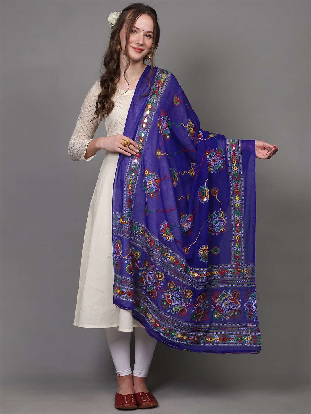 Exotic India Indigo Hand-Embroidered Florals and Mirrors Pure Cotton Dupatta