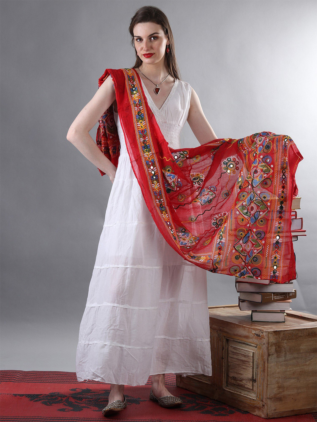 Exotic India Flame Red Hand-Embroidered Florals and Mirrors Pure Cotton Dupatta
