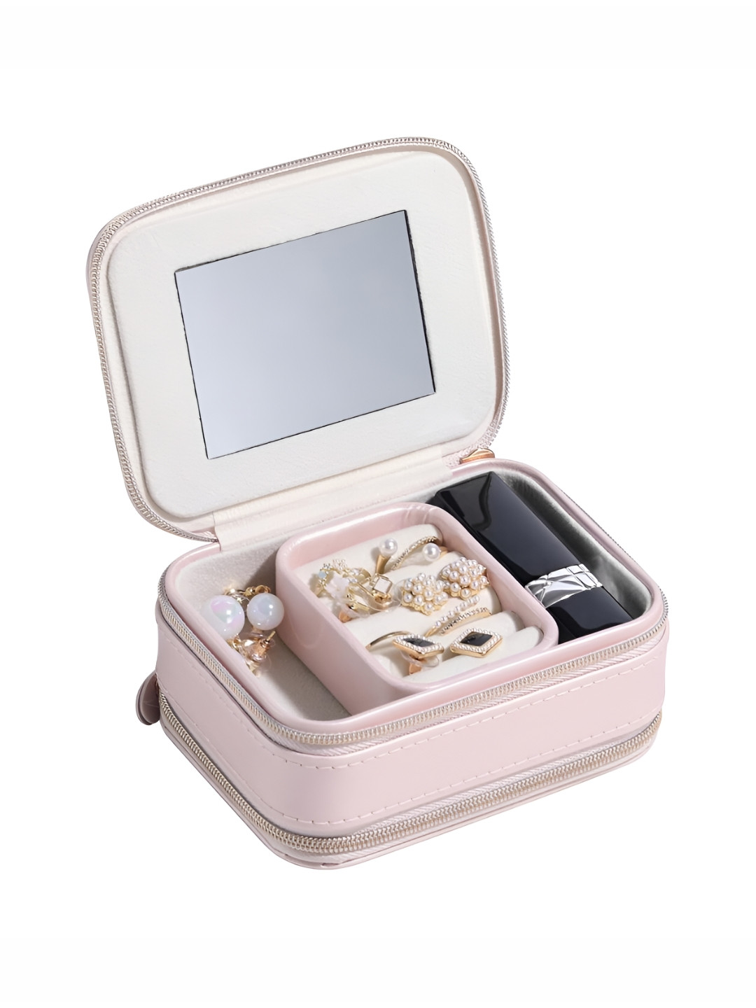 BS-MALL Pink & White PU Leather Travel Jewelry Box