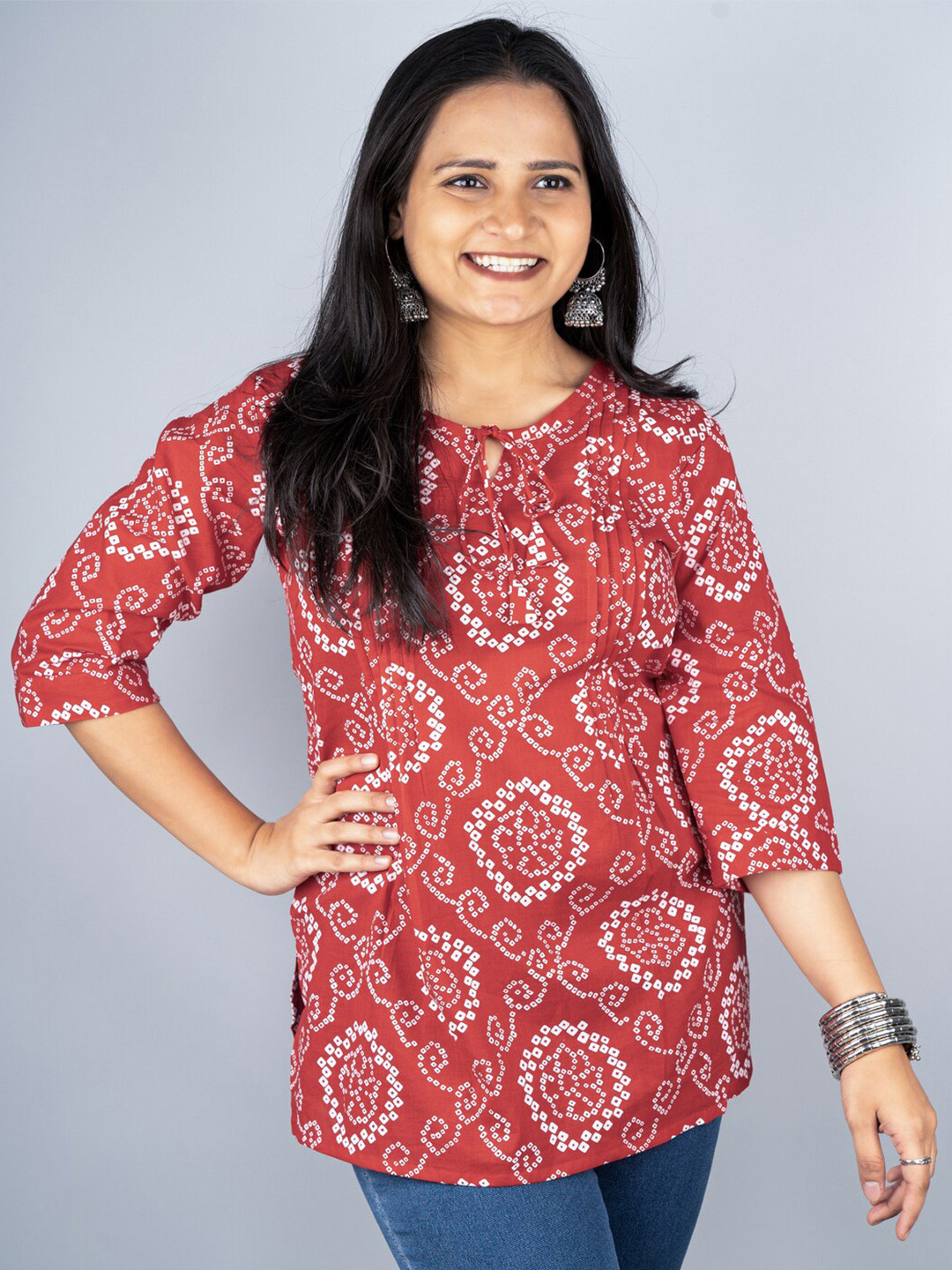 Masang Bandhani Printed Tie-Up Neck Pure Cotton Kurti