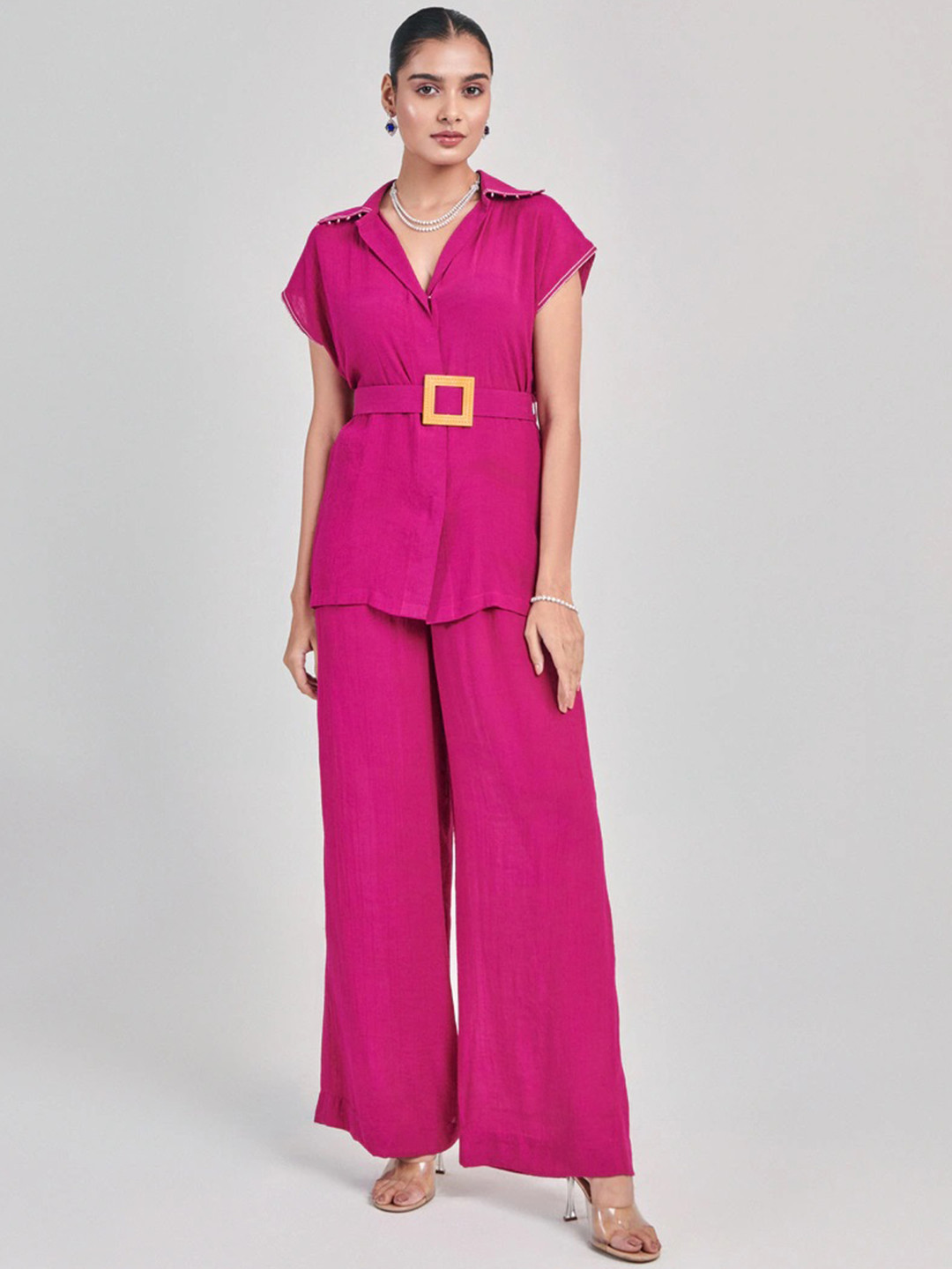 ONE KNOT ONE Short Sleeves Shirt With Palazzo & Belt