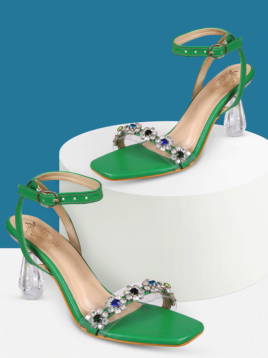 KLEXIO Embellished Open Toe Block Heels