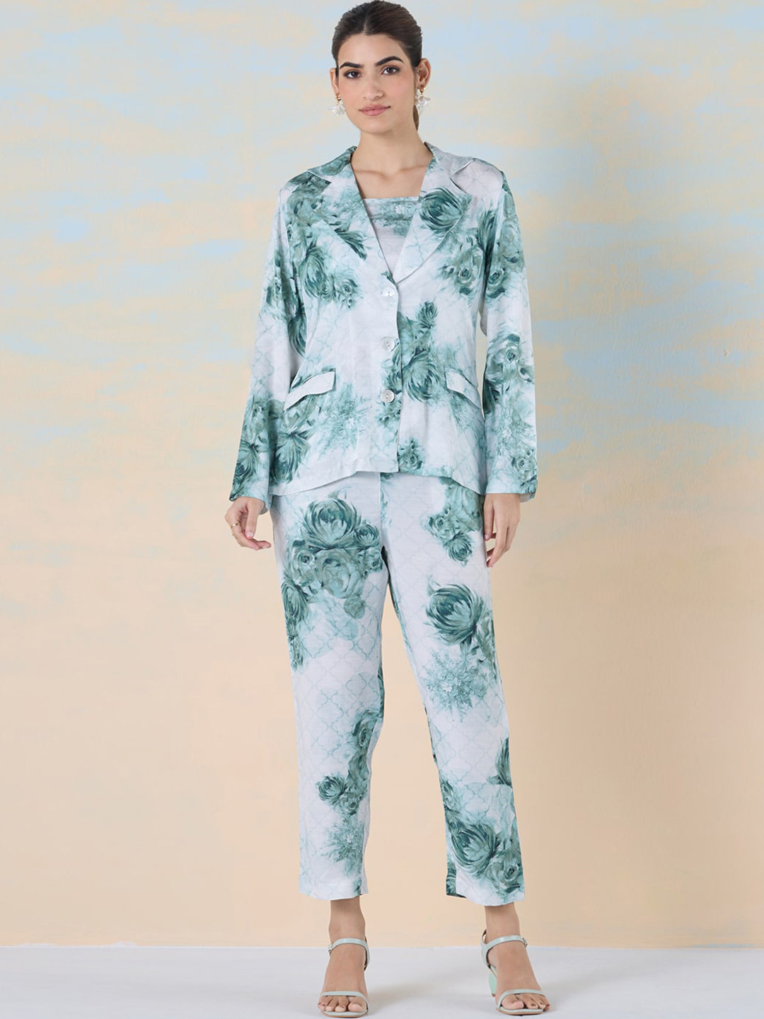 navyasa by liva Efflorescence Essence Printed Crop Top With Jacket & Trousers Co-Ords