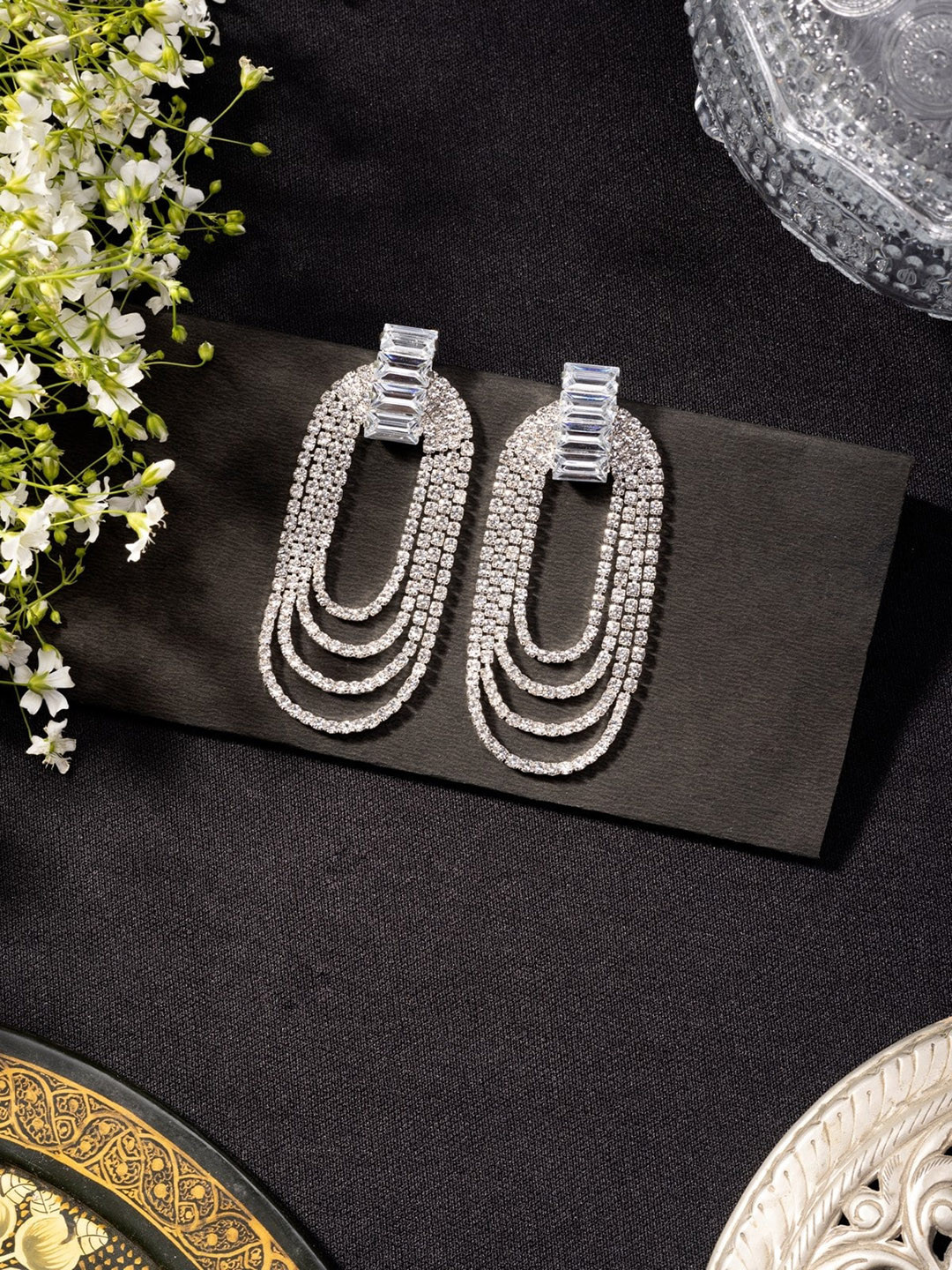 Niscka Rhodium-Plated American Diamond Studded Drop Earrings