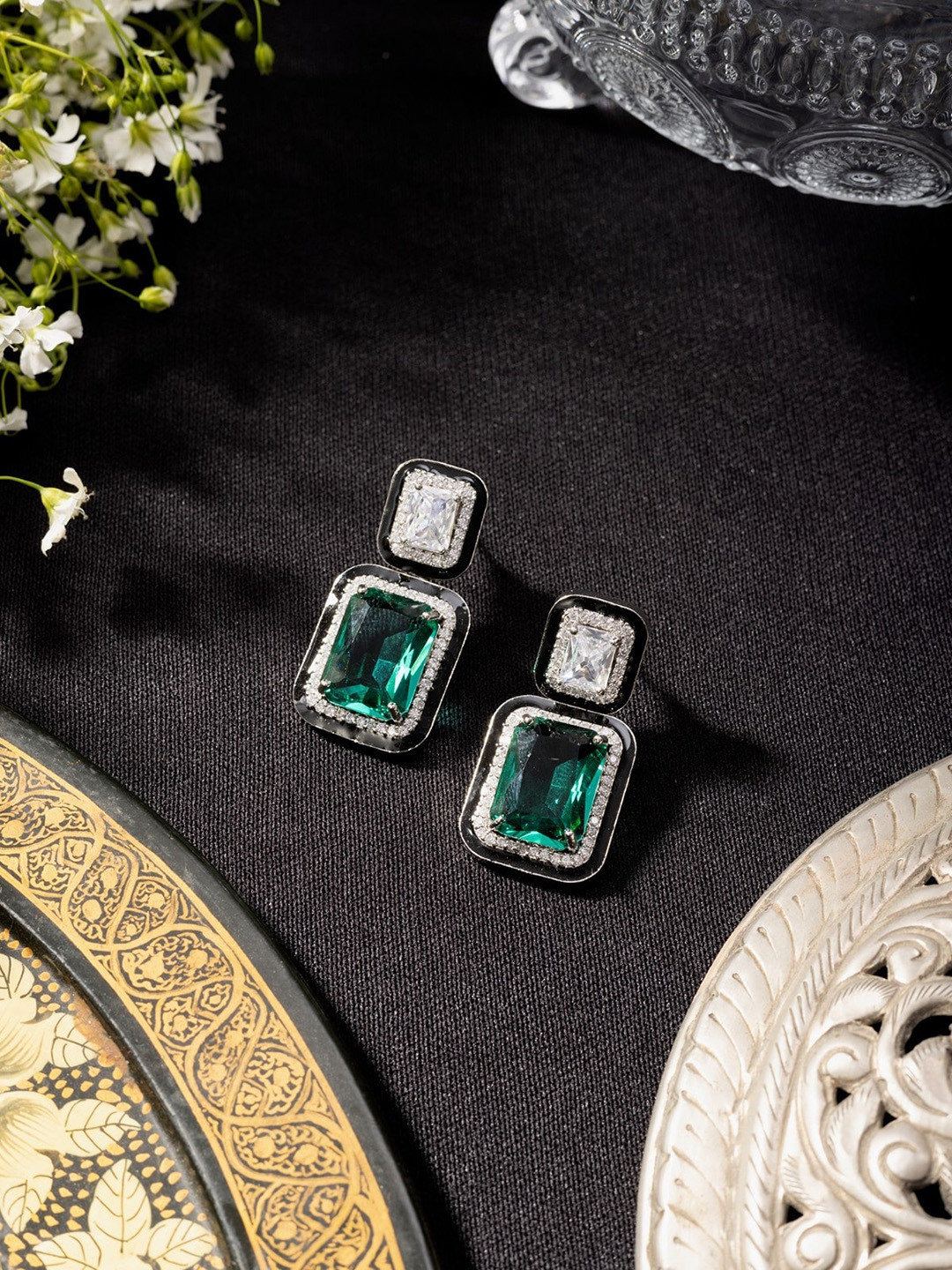 Niscka Rhodium-Plated American Diamond Studded Enamelled Contemporary Drop Earrings
