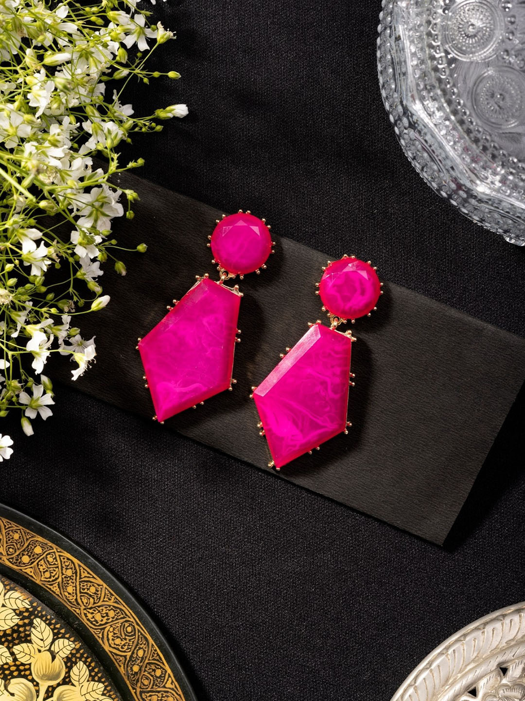 Niscka Gold-Plated Gold-Plated Studded Diamond Shaped Drop Earrings