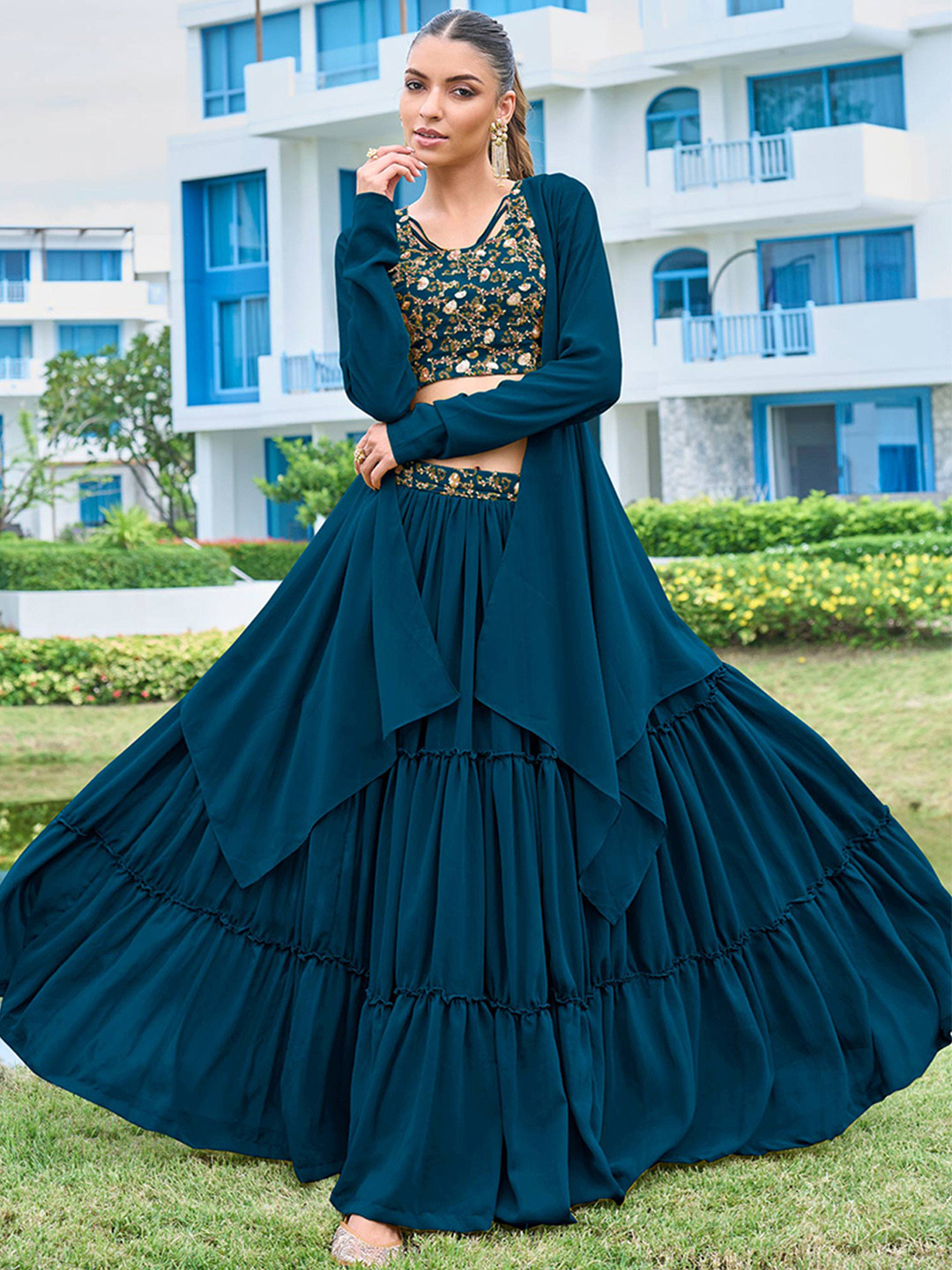 Peachmode Embroidered Thread Work Ready to Wear Lehenga & Blouse With Dupatta