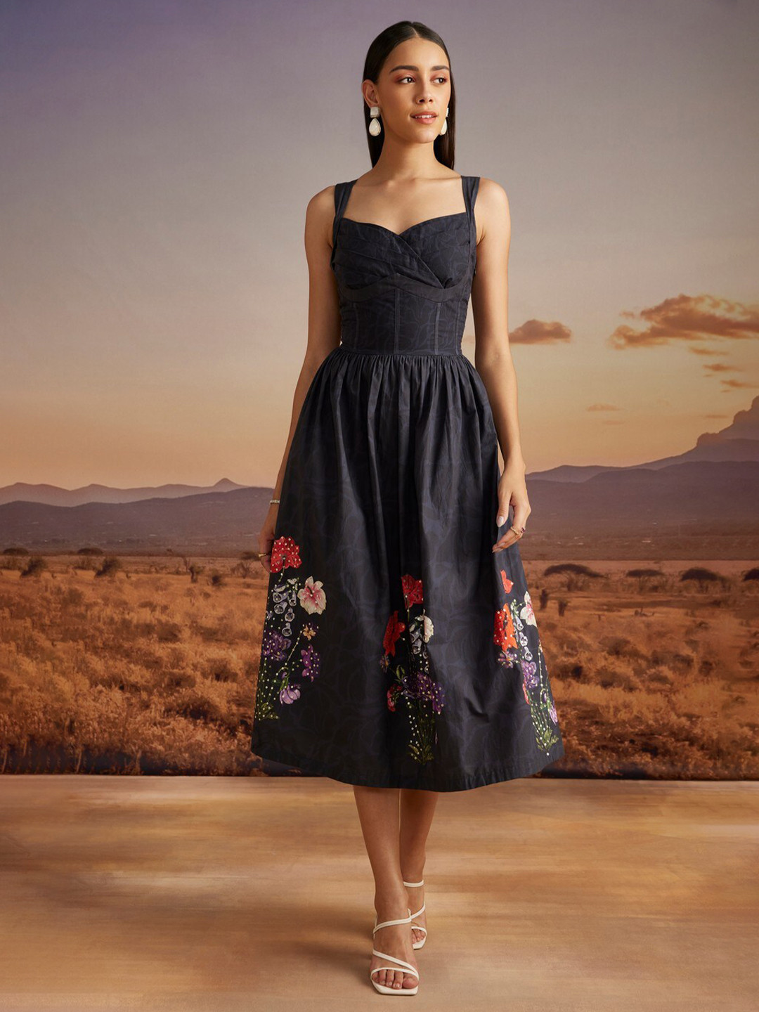 VERB BY PALLAVI SINGHEE Floral Print Shoulder Strap Fit & Flare Pleated Cotton Midi Dress