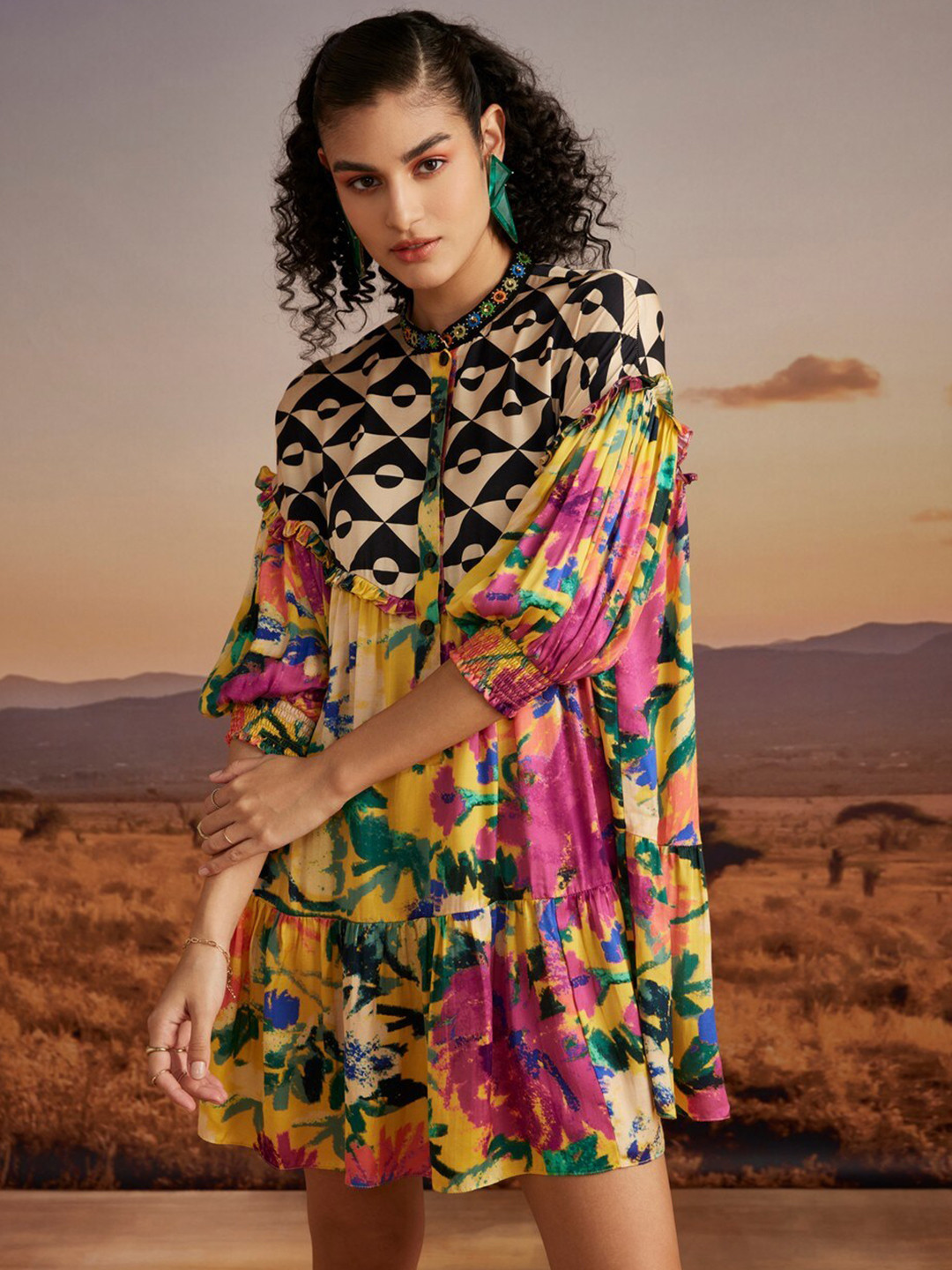 VERB BY PALLAVI SINGHEE Abstract Printed Mandarin Collar Puf Sleeve A-Line Dress