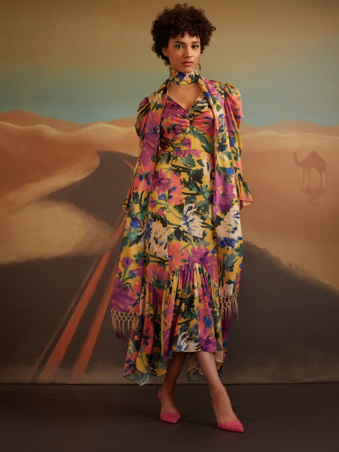VERB BY PALLAVI SINGHEE Floral Printed Flutter Sleeve Crepe Maxi Dress