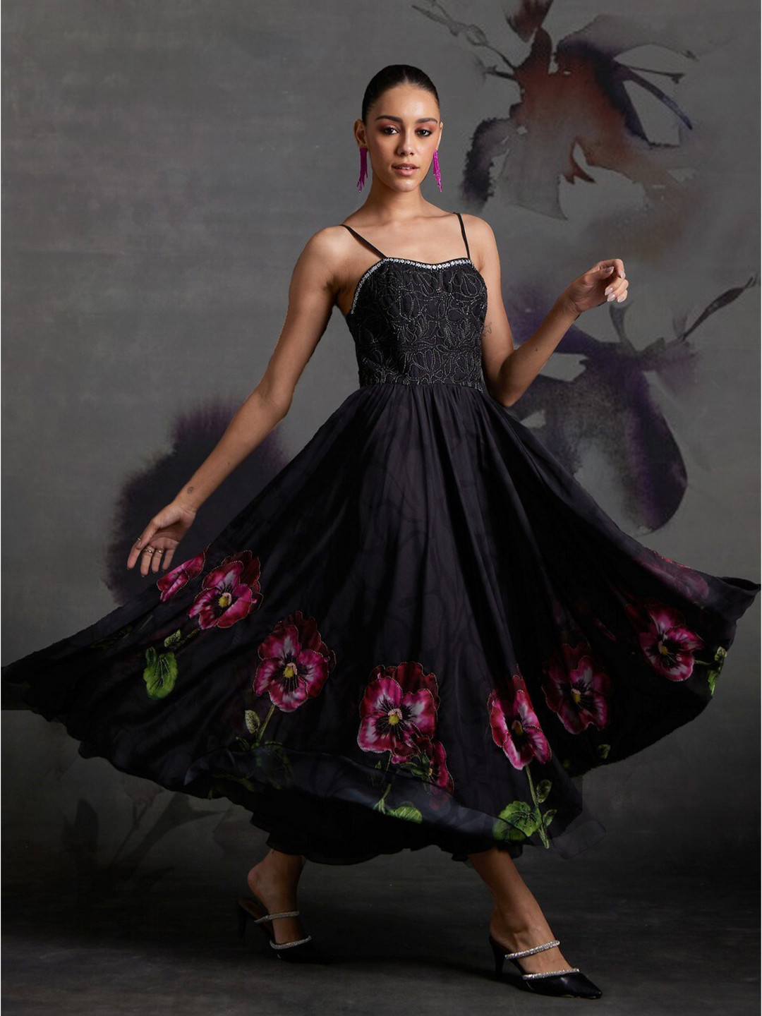 VERB BY PALLAVI SINGHEE Floral Printed Shoulder Straps Smocked A-Line Maxi Dress