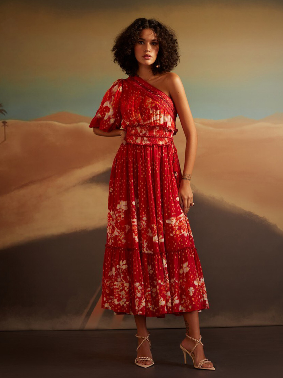 VERB BY PALLAVI SINGHEE Abstract Printed One Shoulder Sleeves Georgette MIdi Dress