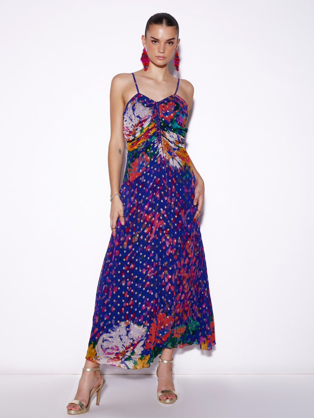 VERB BY PALLAVI SINGHEE Floral Printed Shoulder Straps Gathered Georgette Maxi Dress