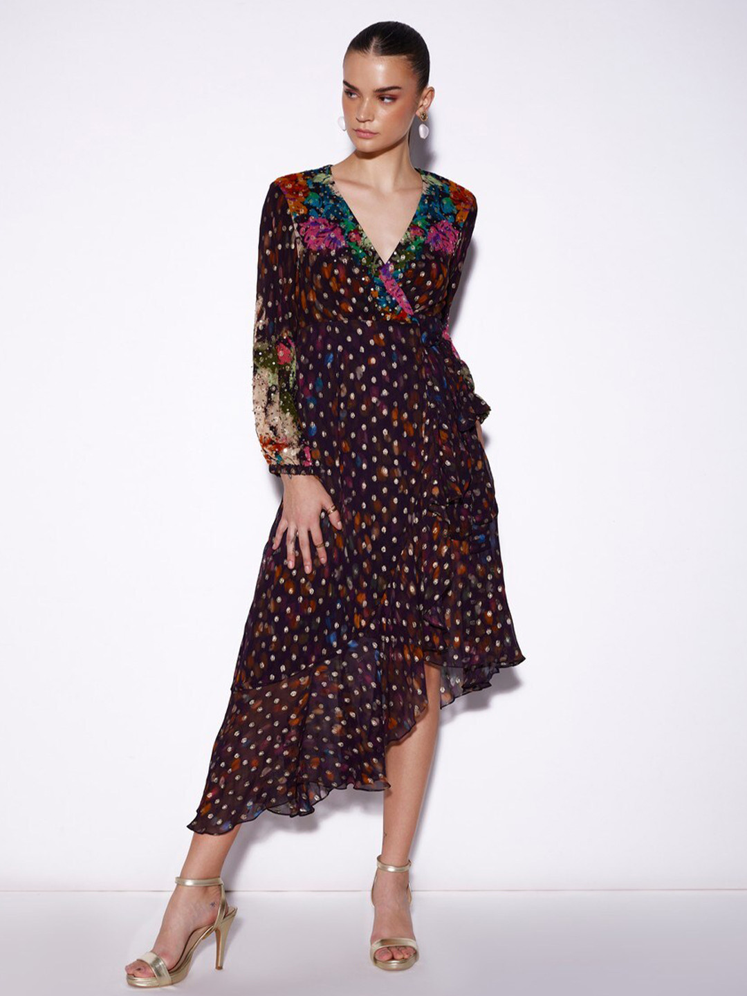 VERB BY PALLAVI SINGHEE Polka Dots Printed Sequined Georgette Wrap Dress