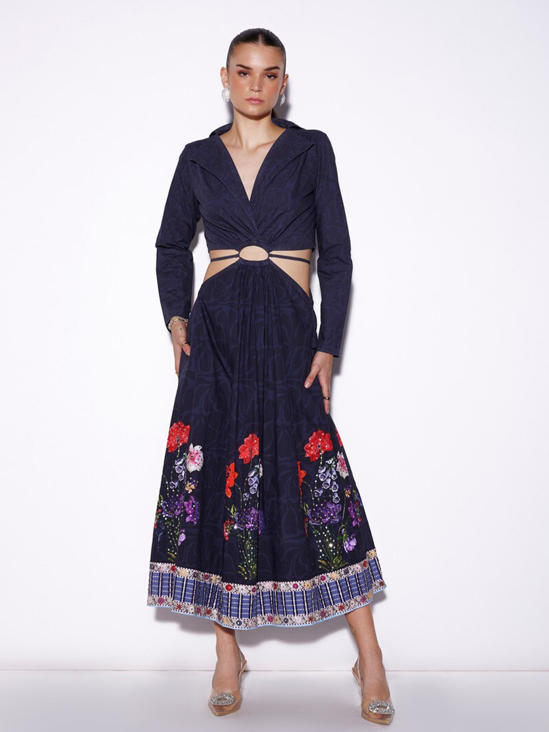 VERB BY PALLAVI SINGHEE Floral Printed Shirt Collar Cut Out Cotton Fit & Flare Dress