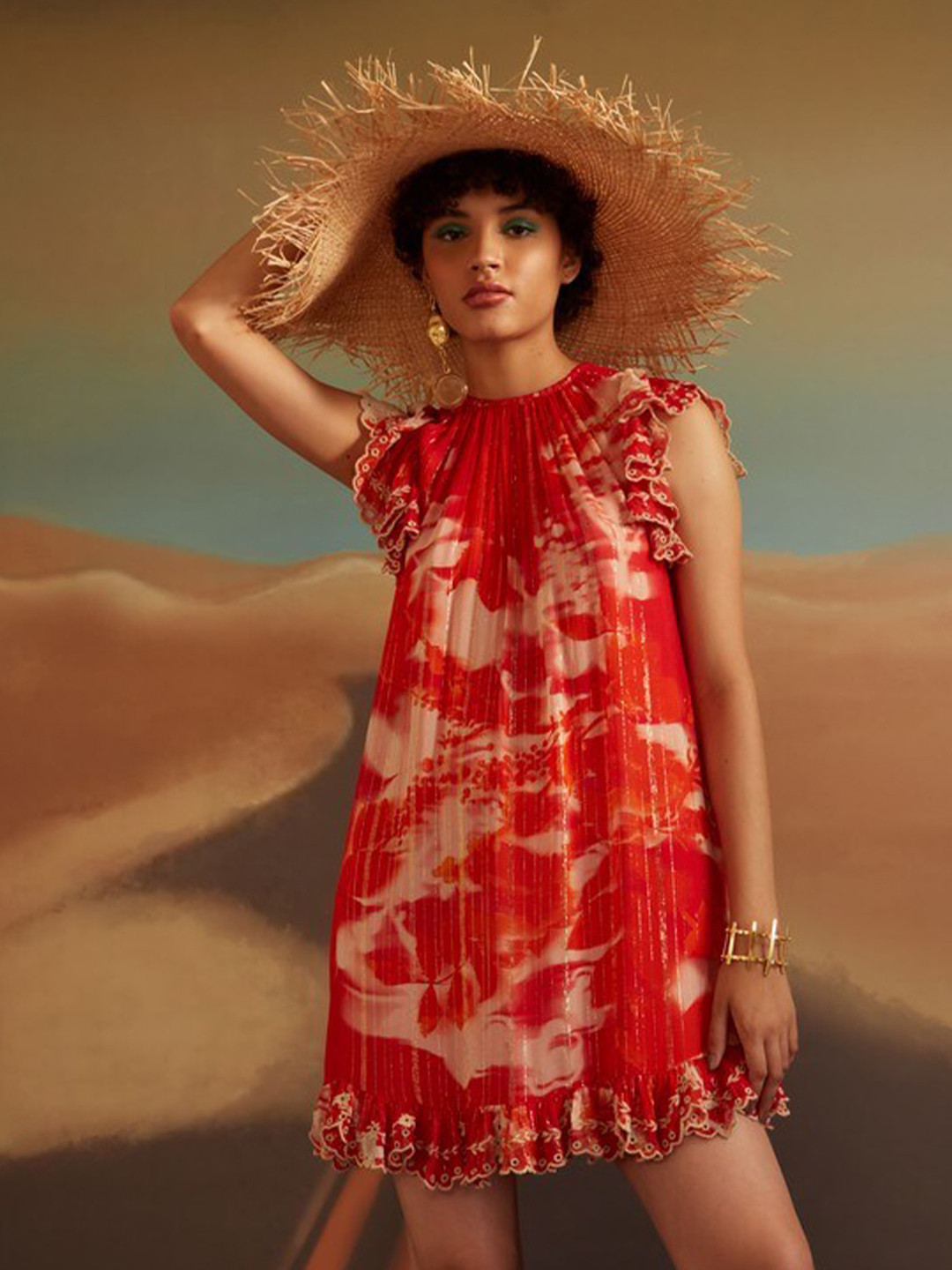 VERB BY PALLAVI SINGHEE Abstract Printed Flutter Sleeve Georgette A-Line Dress