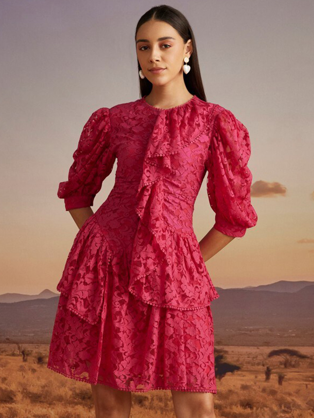 VERB BY PALLAVI SINGHEE Self Design Puff Sleeve Lace Up Ruffled Layered Fit & Flare Dress