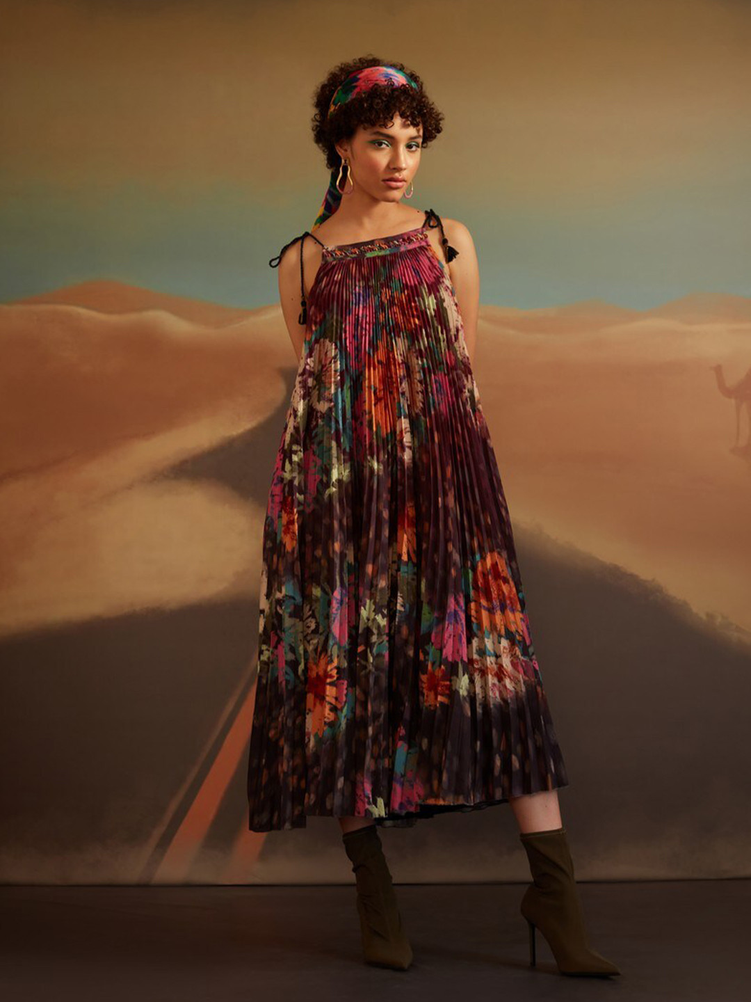 VERB BY PALLAVI SINGHEE Floral Printed Shoulder Straps A-Line Midi Dress