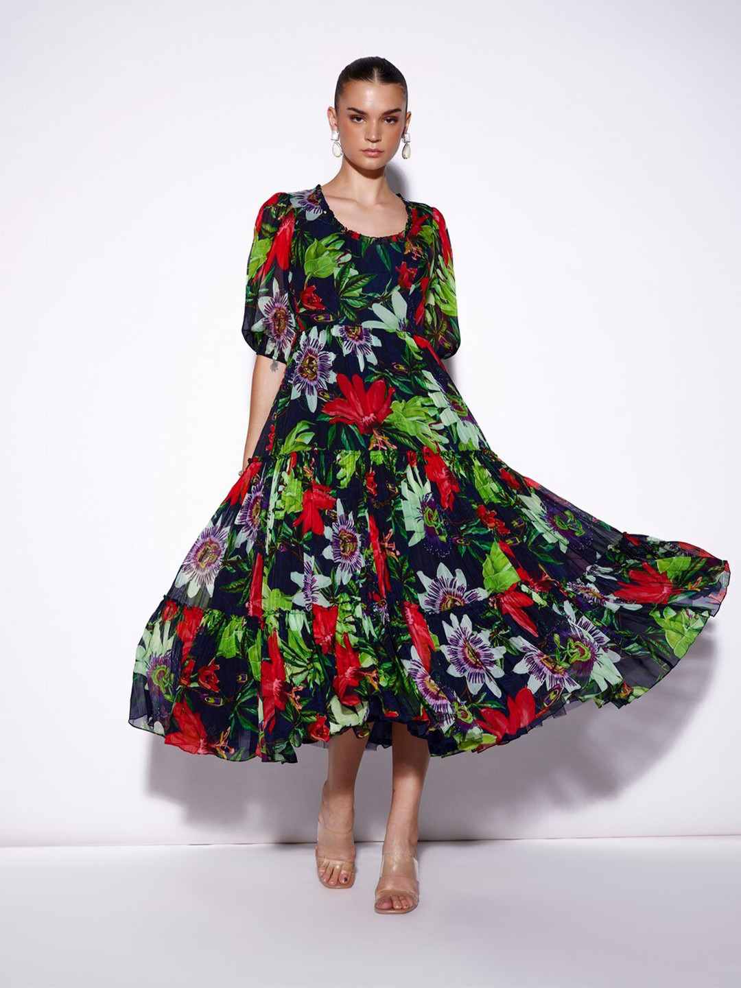 VERB BY PALLAVI SINGHEE Floral Printed Puffed Sleeves Tiered Fit and Flare Maxi Dress