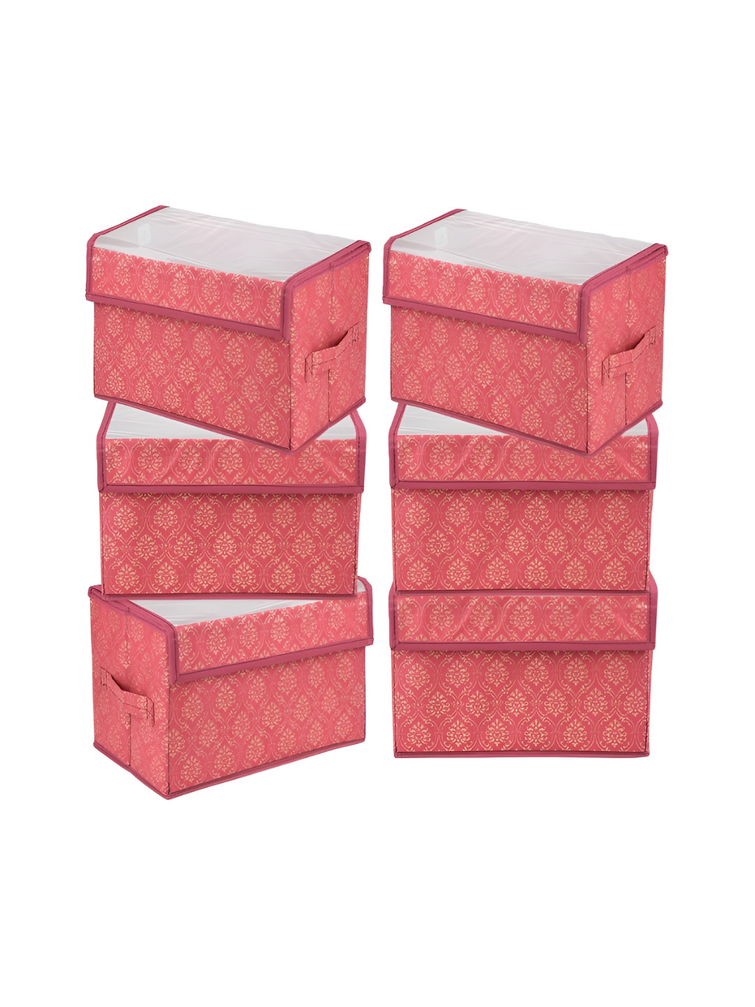 Kuber Industries Maroon 6 Pieces Foldable Transparent Lid Velcro Drawer Box Organisers