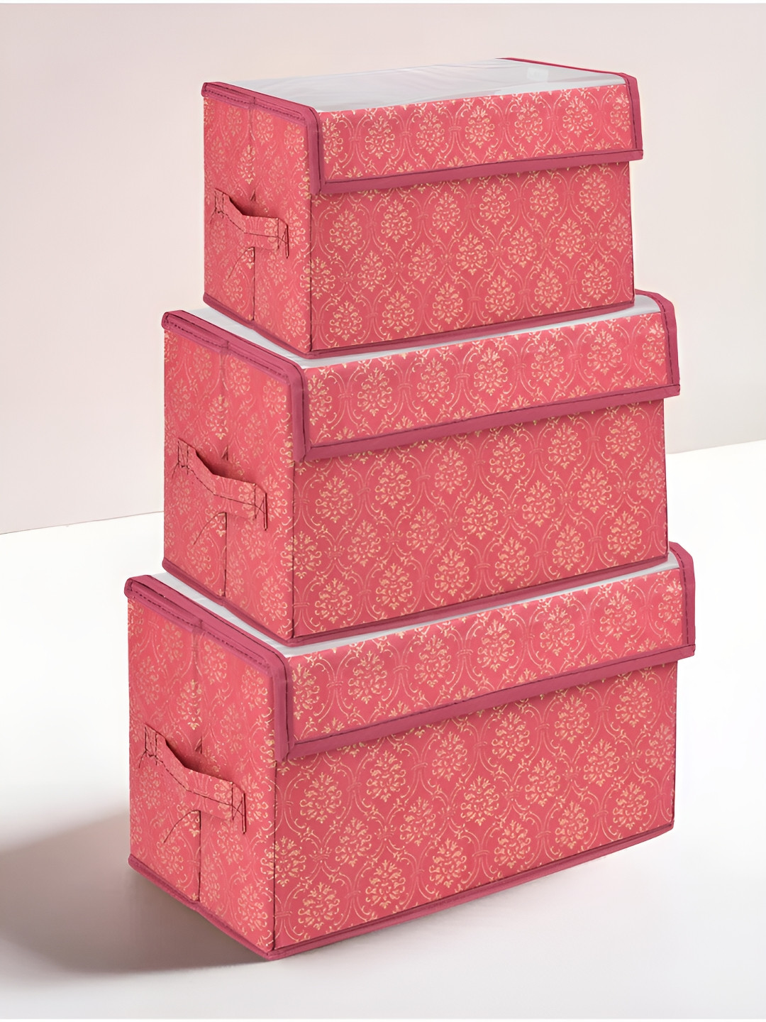 Kuber Industries Maroon 3 Pieces Velcro Transparent Drawer Box with Handle Organisers