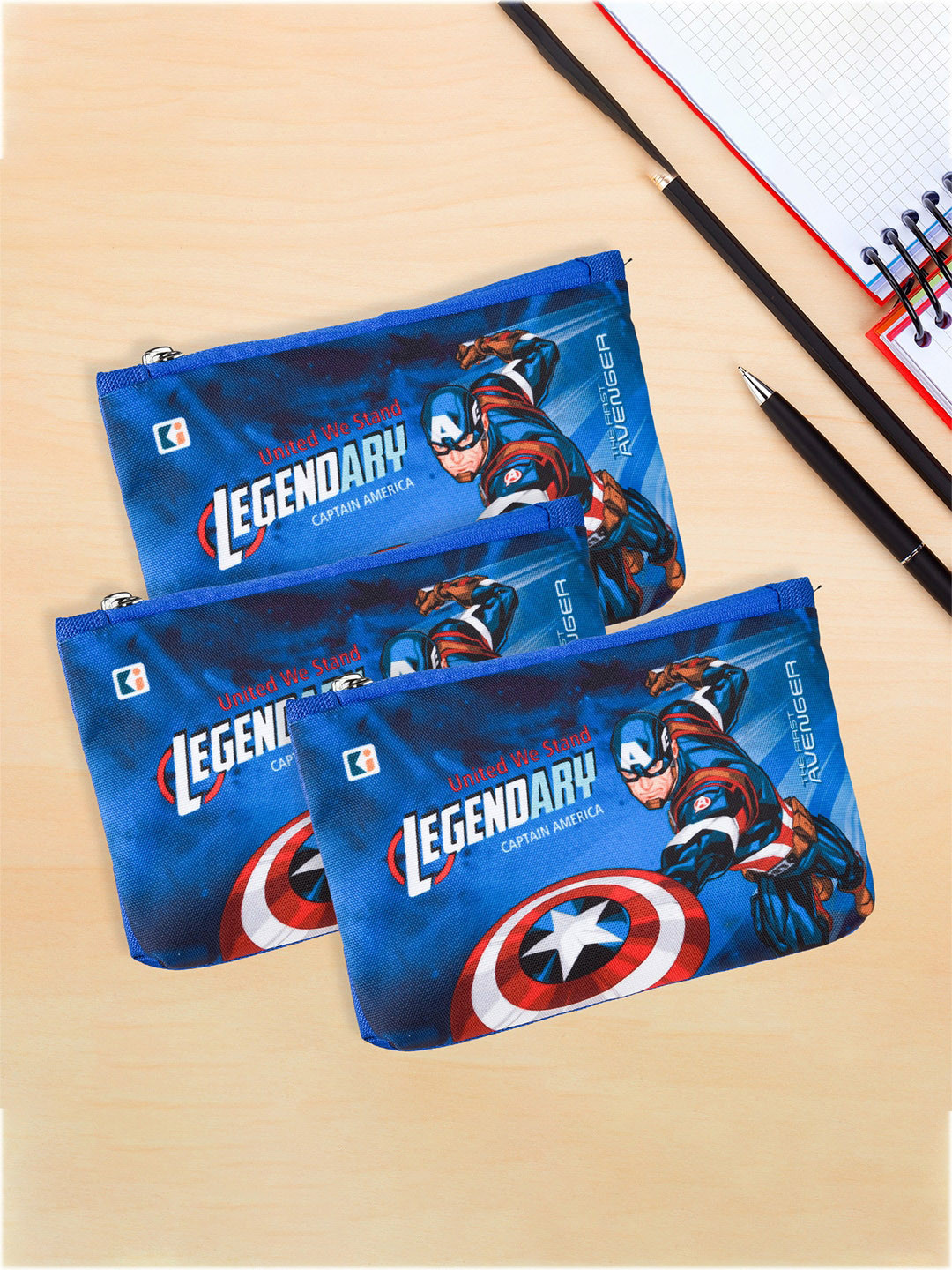 Kuber Industries Kids Pack of 3 Marvel Captain America Printed Square Pencil Pouch