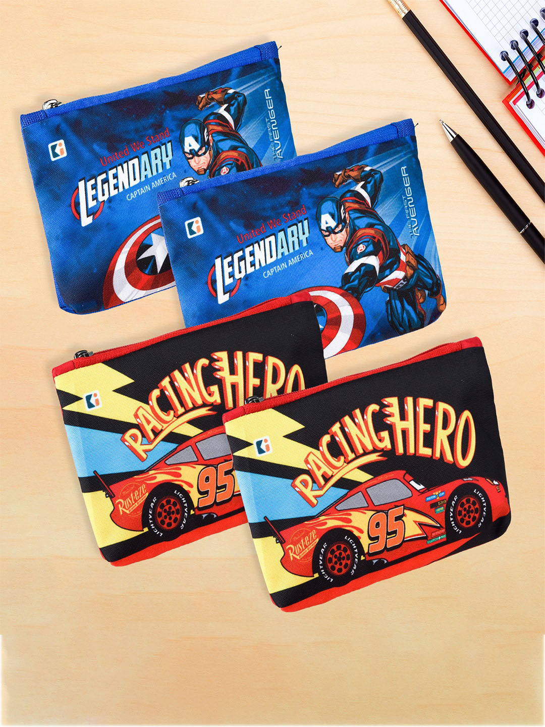Kuber Industries Kids Set Of 4 Disney-Racing & Avengers Printed Pen Cases Stationery