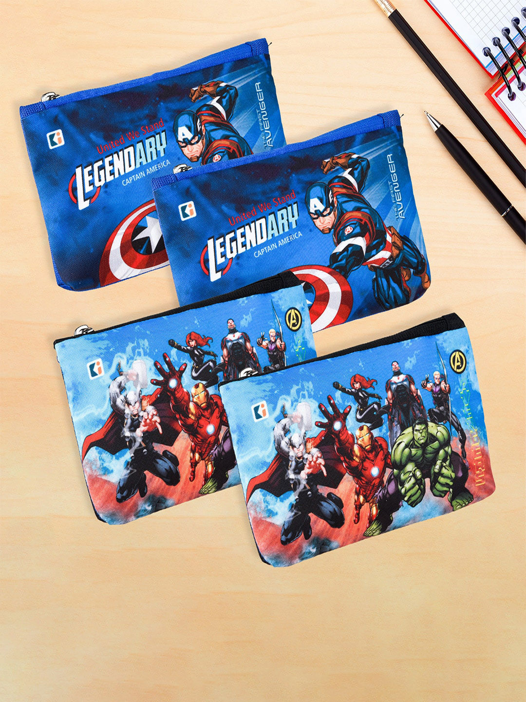 Kuber Industries Kids Pack of 4 Marvel Printed Square Pencil Pouch