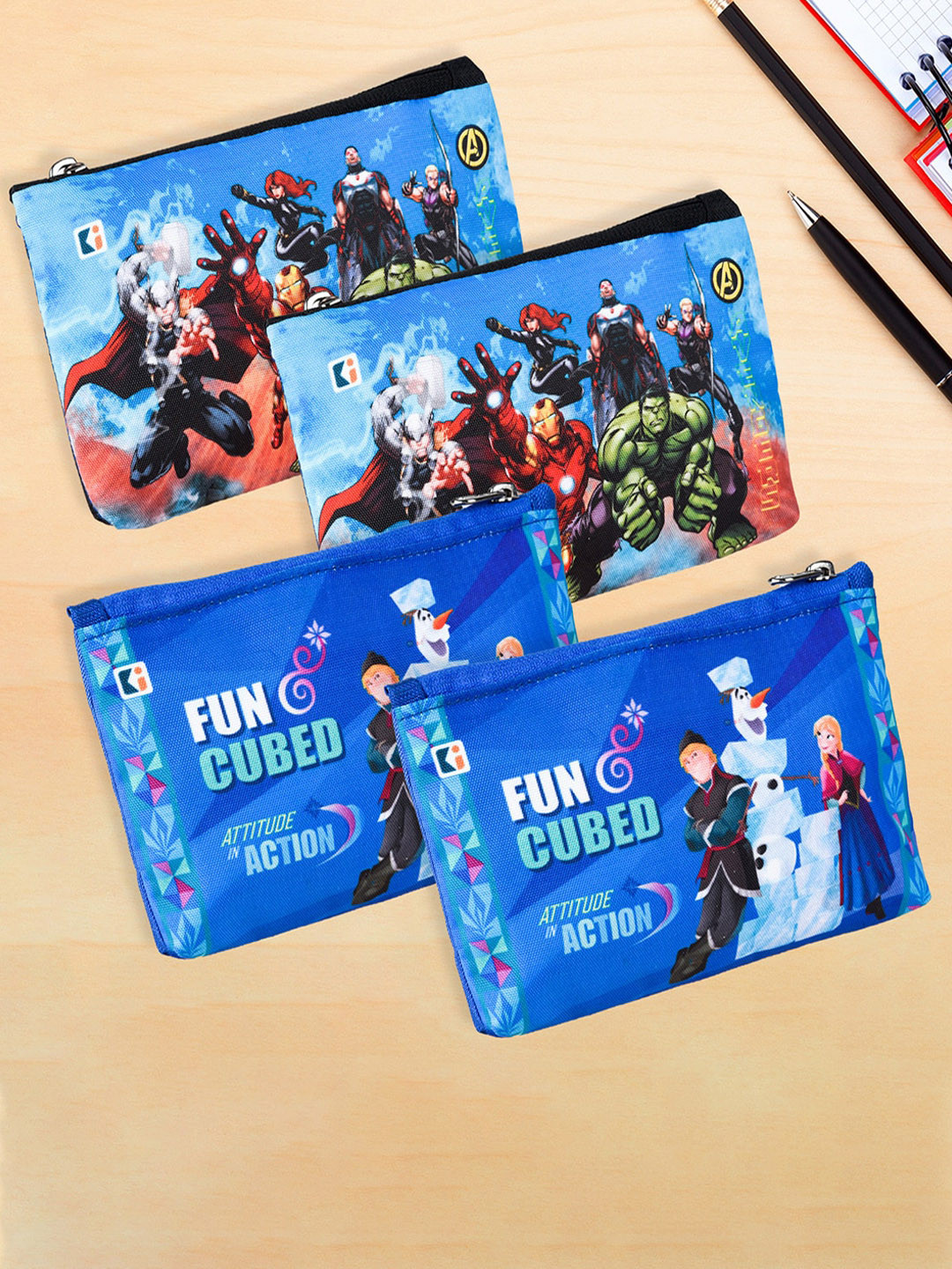 Kuber Industries Kids Pack of 4 Marvel Printed Square Pencil Pouch