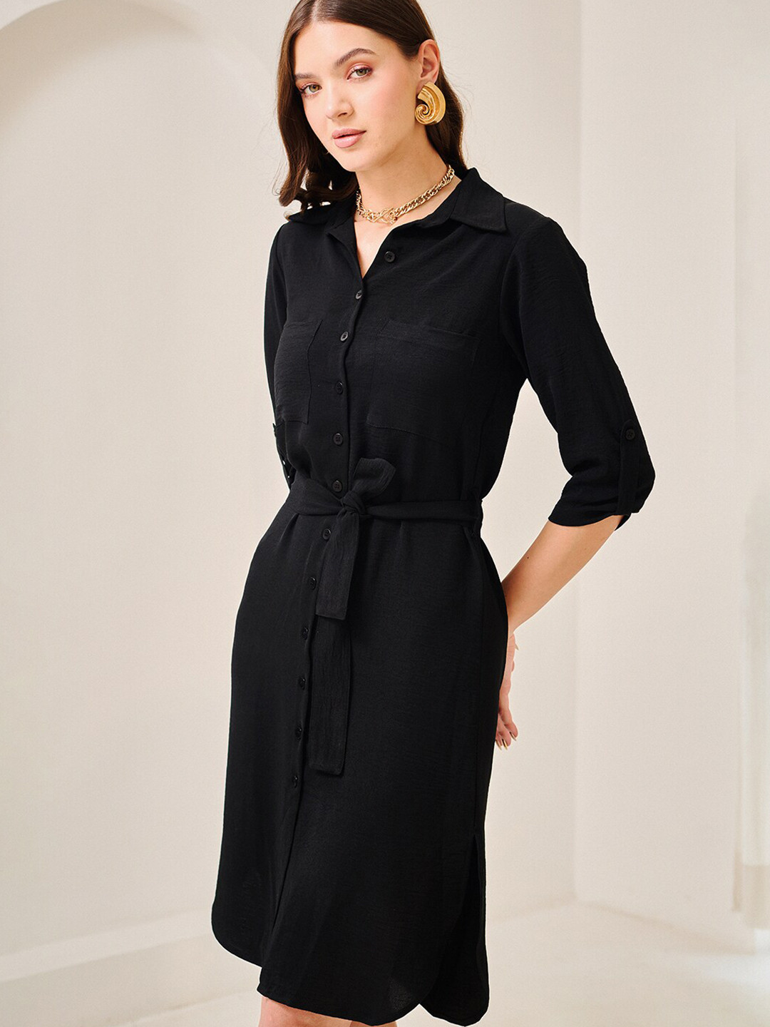DELAN Roll-Up Sleeves Cotton Shirt Dress