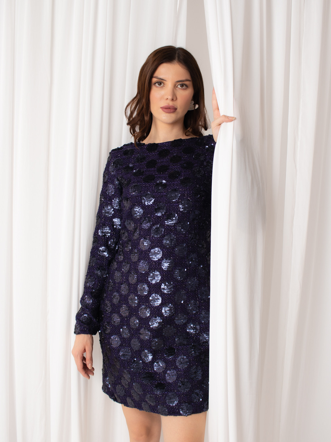 Navy Blue Embellished Sheath Mini Dress with Tie-Up Back