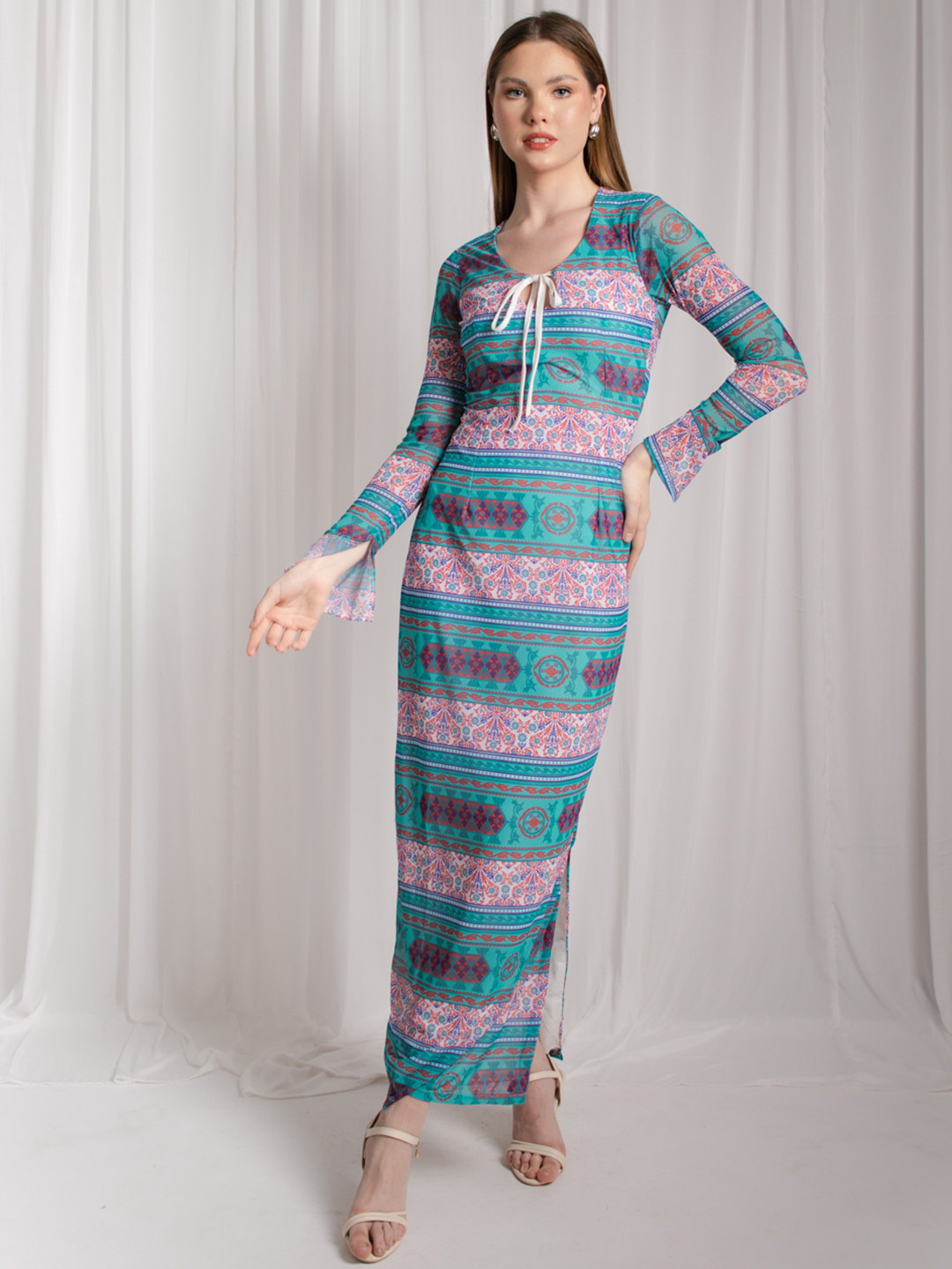 Stylecast X Hersheinbox Ethnic Motifs Print Tie-Up Neck Side Slit Maxi Dress