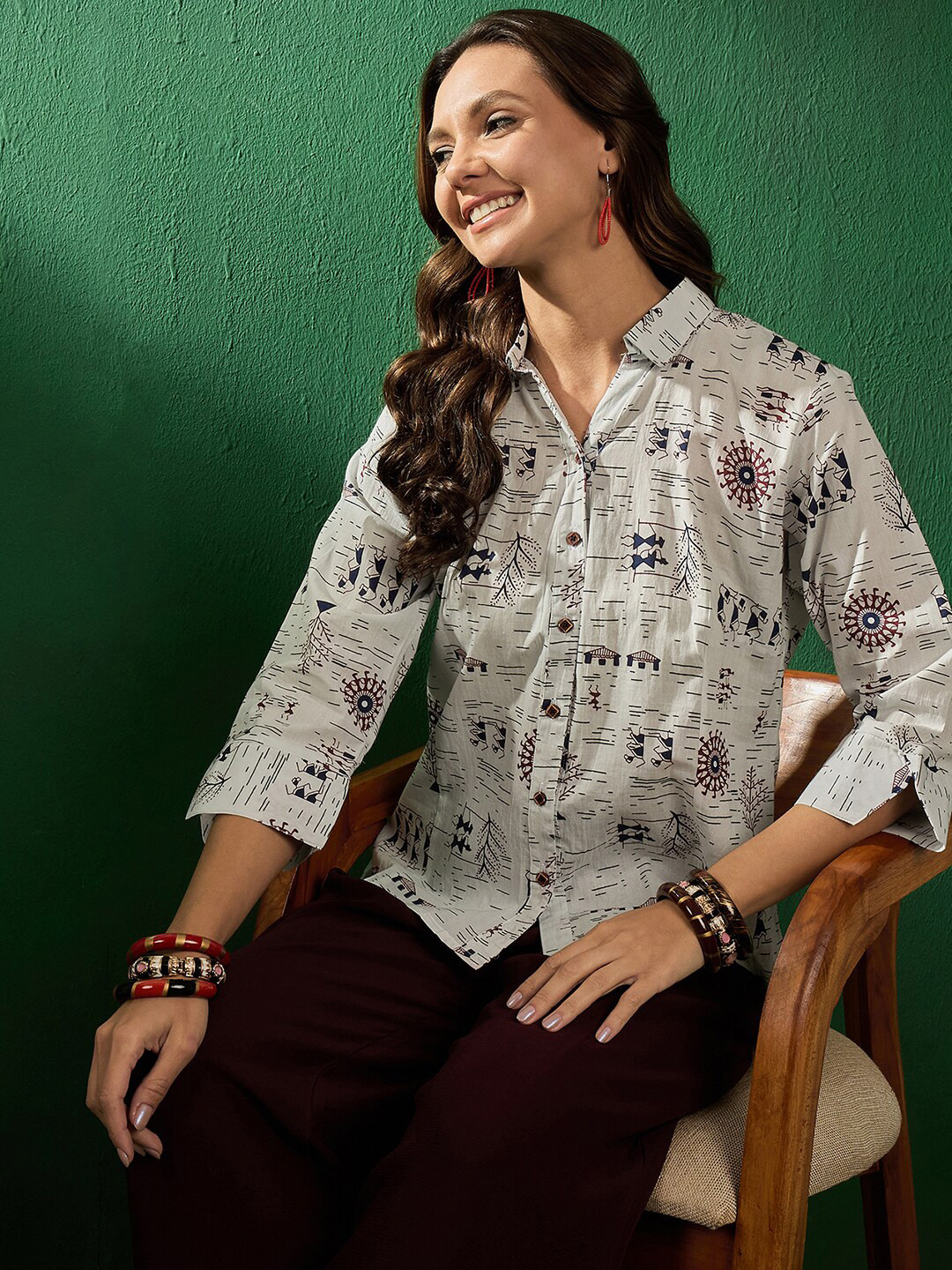 Sangria Warli Printed Shirt Collar Cotton Shirt Style Top