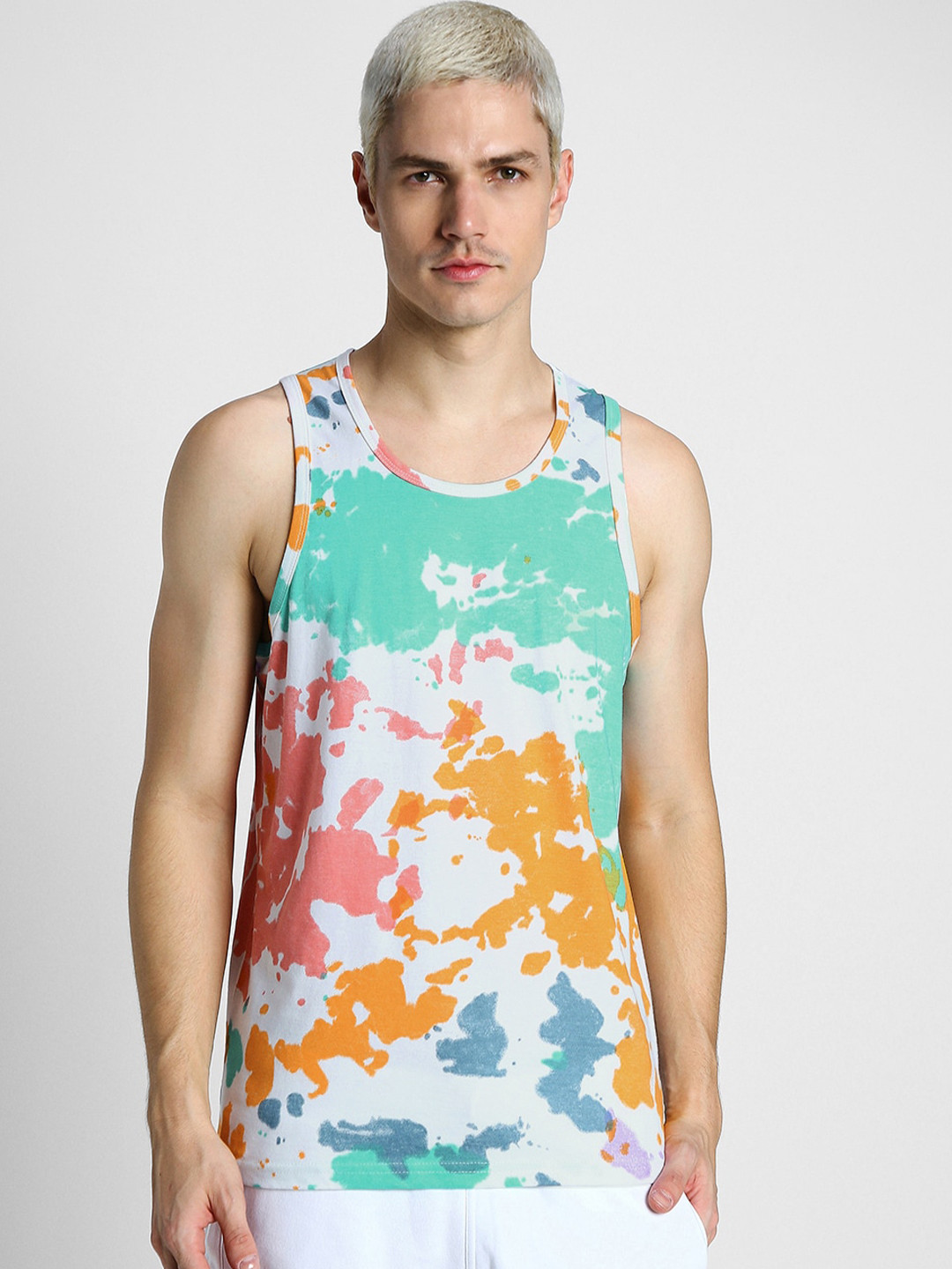 VEIRDO Green & Red Abstract Printed Sleeveless Pure Cotton T-shirt