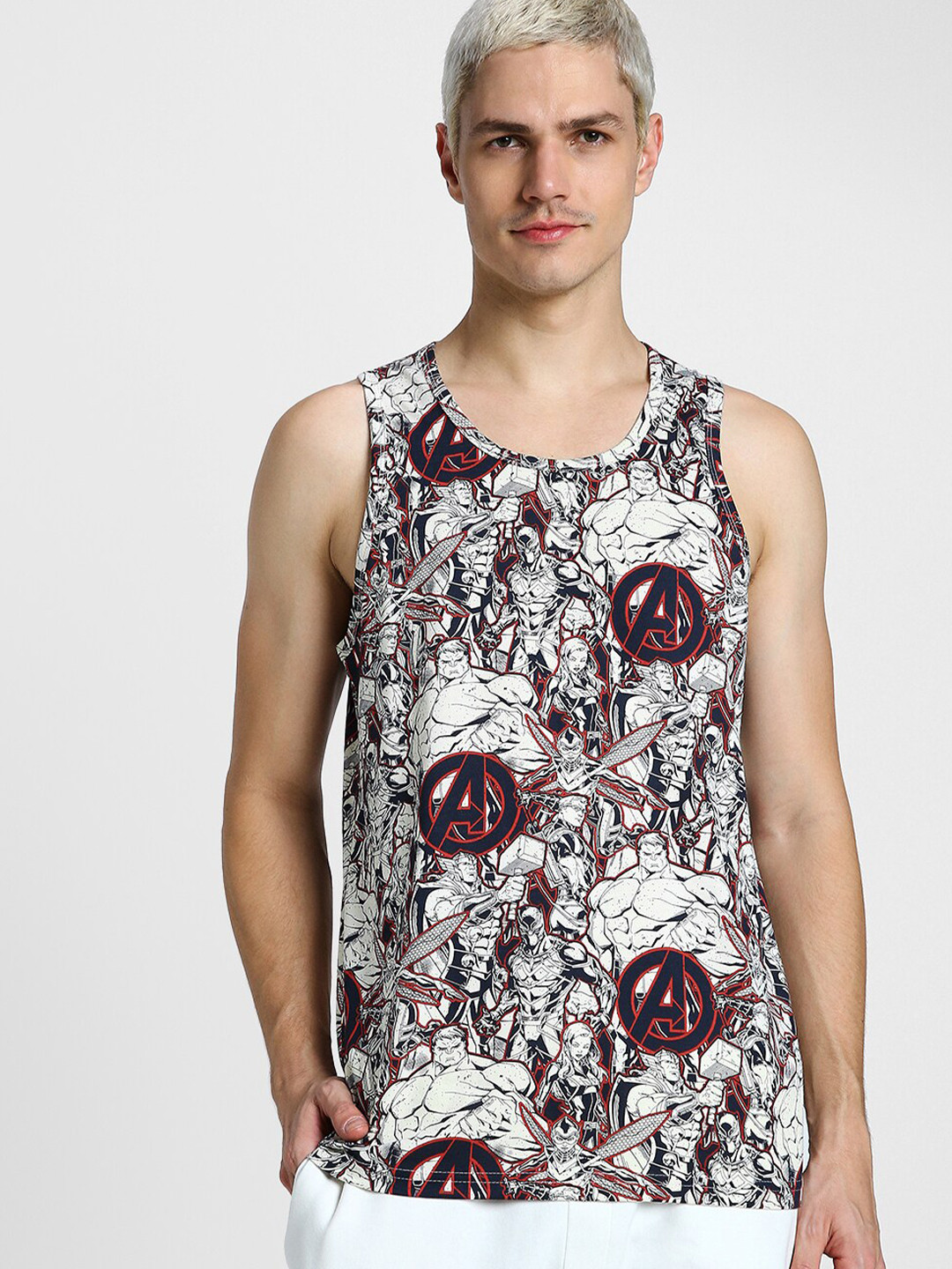 VEIRDO Men White Black Abstract Printed Pure Cotton Sleeveless T-shirt