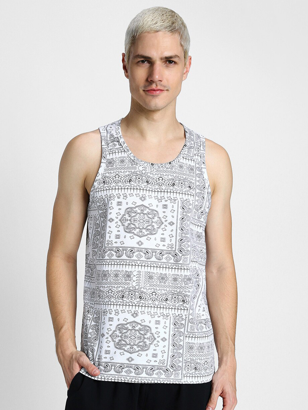VEIRDO White & Grey Ethnic Printed Sleeveless Pure Cotton T-shirt