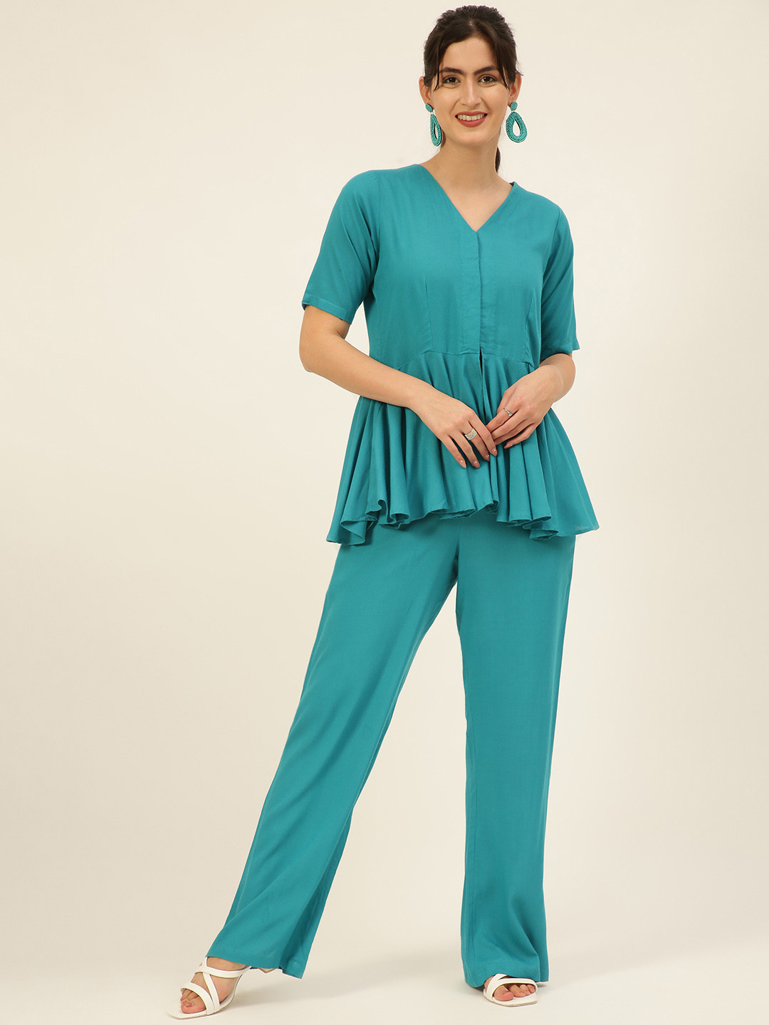 JAVINISHKA Slim Fit V-Neck Tunic & Trouser Co-Ord Set