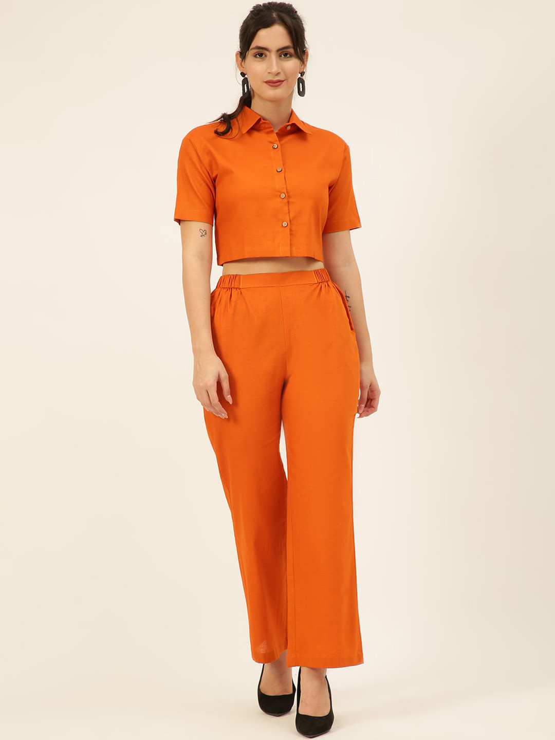 JAVINISHKA Cotton-Linen Crop Shirt With Trousers