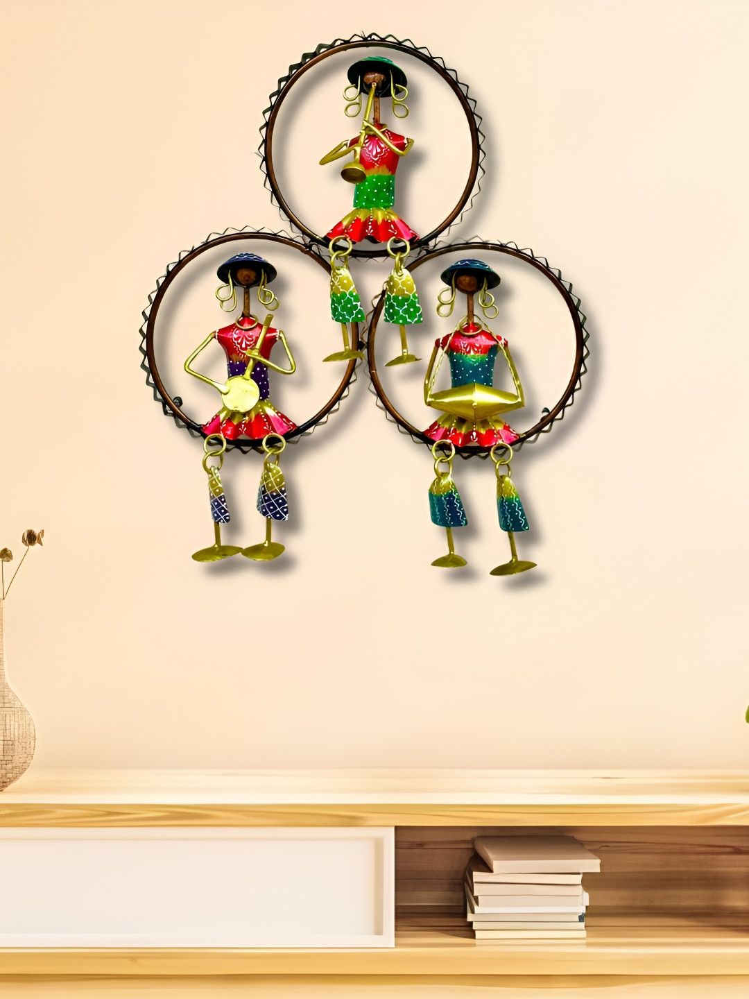 ANSHIKA INTERNATIONAL Tribal Musicians Metal Ethnic Motifs Glossy Hall Wall Hangings-6.3In