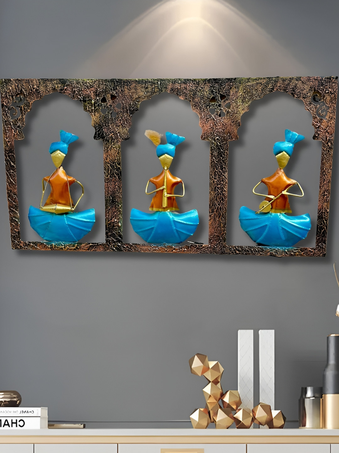 ANSHIKA INTERNATIONAL 3 Rajasthani Musicians Metal Glossy Wall Hangings-17.7In