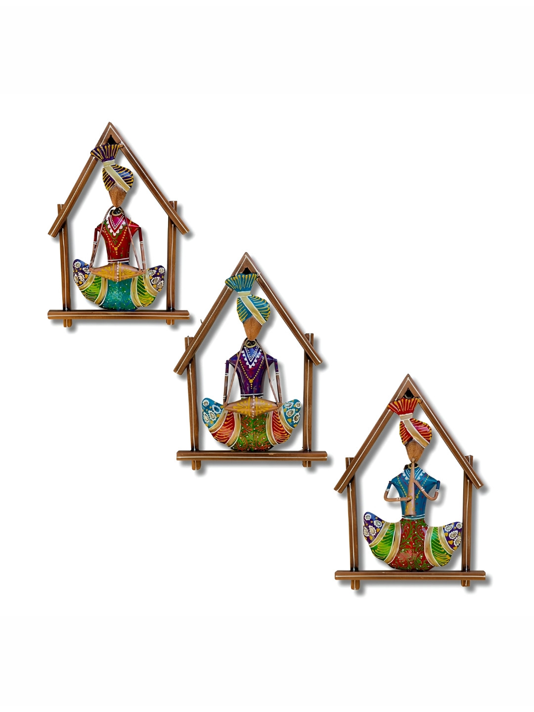ANSHIKA INTERNATIONAL 3 Rajasthani Hut Musicians Metal Glossy 3Pcs Wall Hangings-7.5In