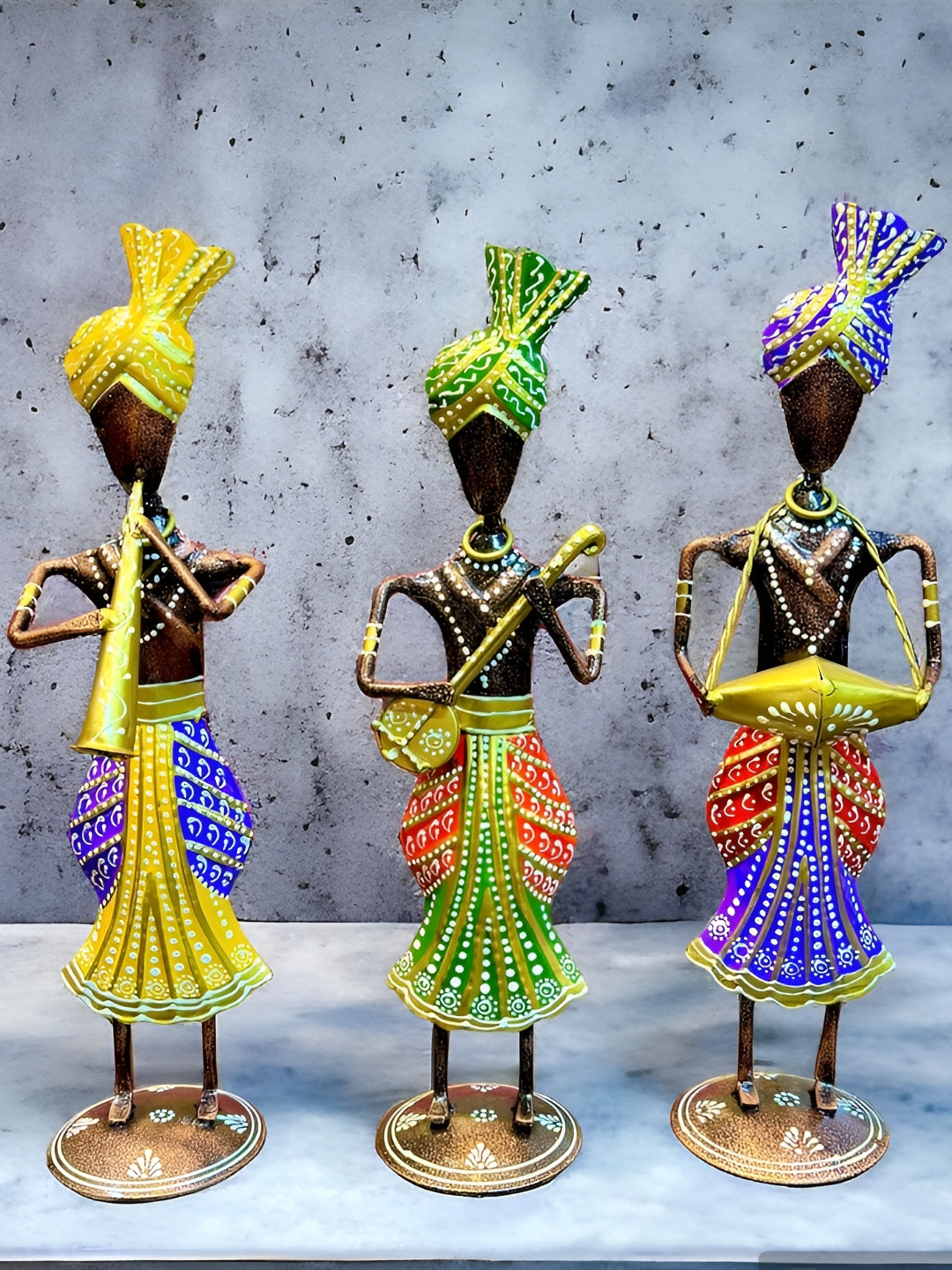 ANSHIKA INTERNATIONAL Tribal Musician Sardar Doll Gold Metal Metallic Living Room Music Set of 3 Small Showpieces - 2 Inches