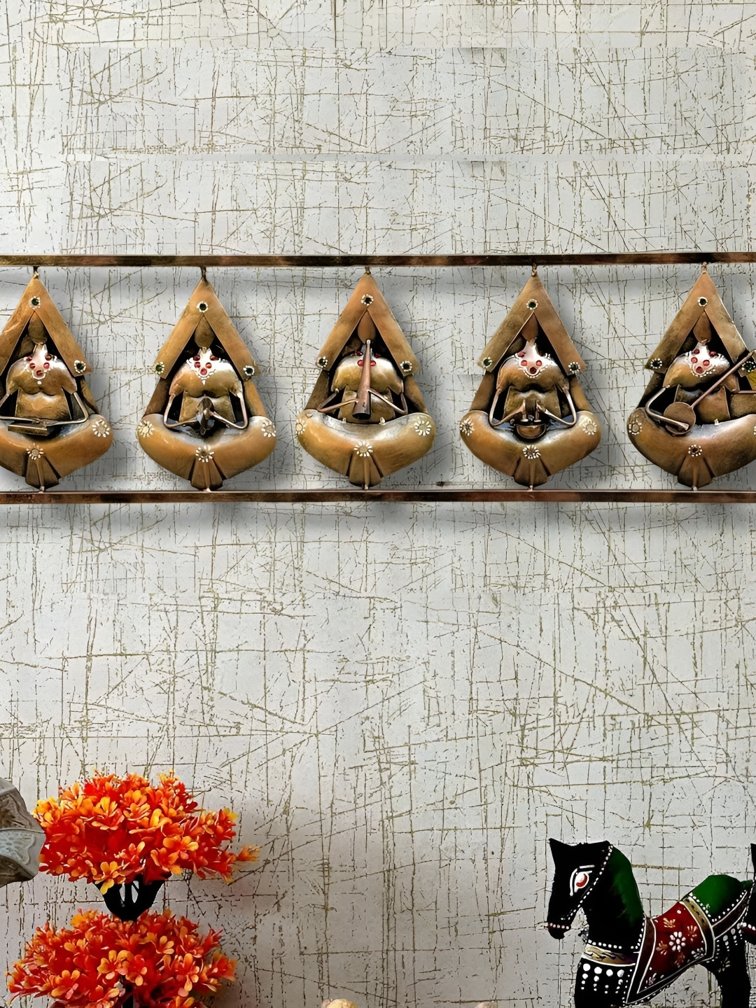 ANSHIKA INTERNATIONAL 5 Rajasthani Musician Instruments Metal Glossy Wall Hangings-30In