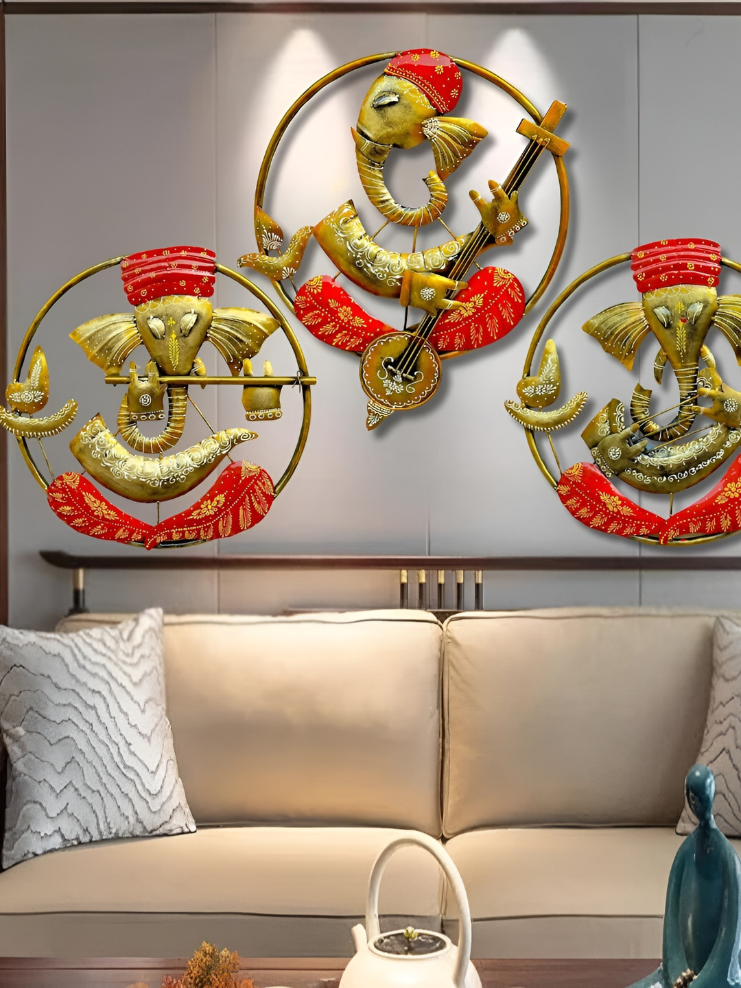 ANSHIKA INTERNATIONAL Lord Ganesha Playing Instruments Metal 3Pcs Spiritual Wall Decor-18In