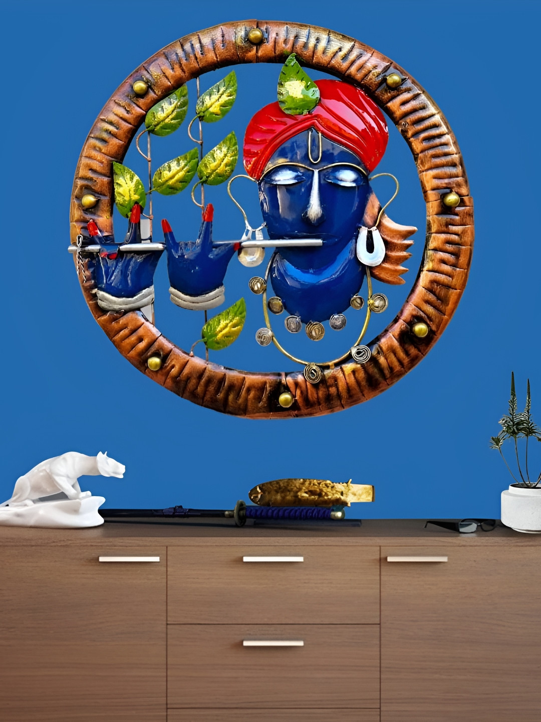 ANSHIKA INTERNATIONAL Krishna Playing Basuri Metal Matte Hall Spiritual Wall Decor-19In