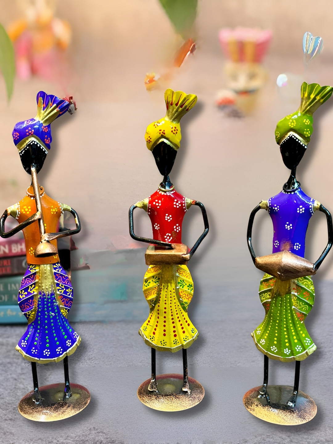 ANSHIKA INTERNATIONAL Rajasthani Tribal Man Figurine Playing Banjo, Dholak, Trumpet Gold Metal Metallic Home Office Music Set of 3 Medium Showpieces - 13 Inches