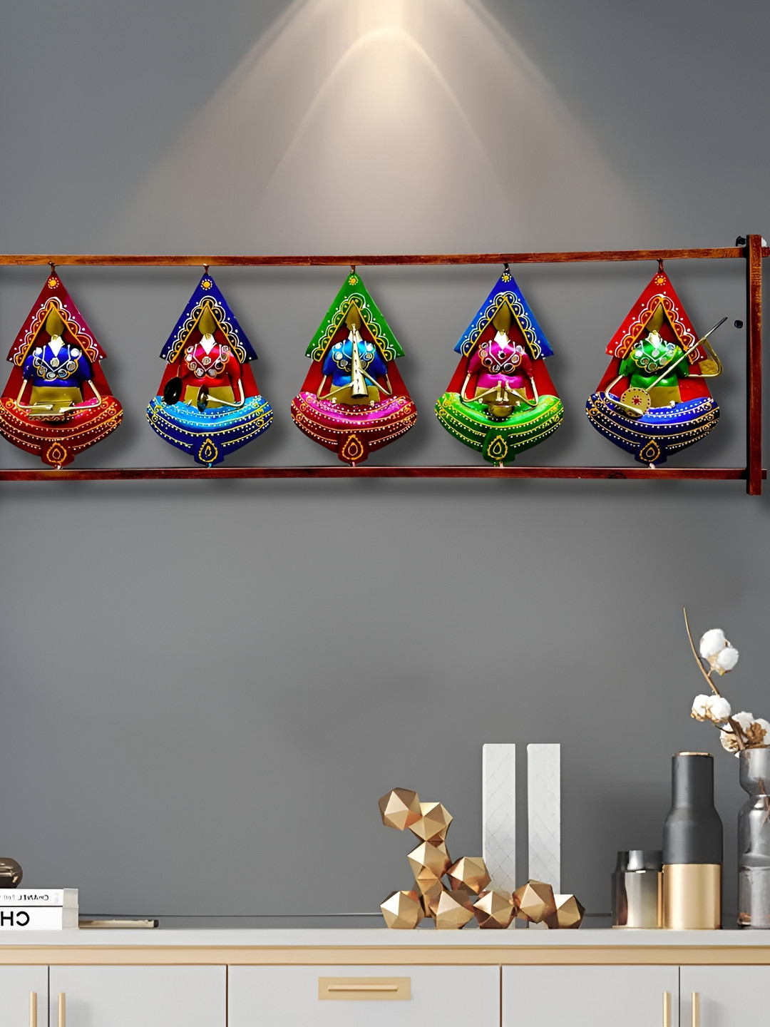 ANSHIKA INTERNATIONAL 5 Musicians Rajasthani Lady Playing Metal Glossy Wall Hangings-11In