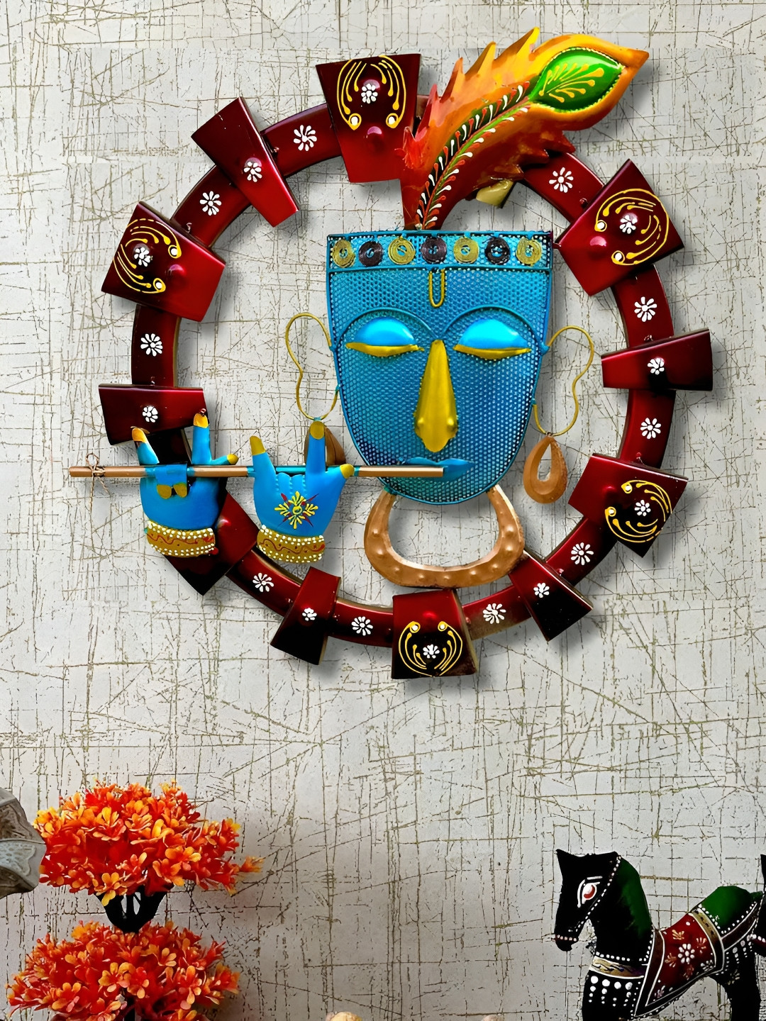 ANSHIKA INTERNATIONAL Krishna Playing Basuri Metal Glossy Hall Spiritual Wall Decor-20In